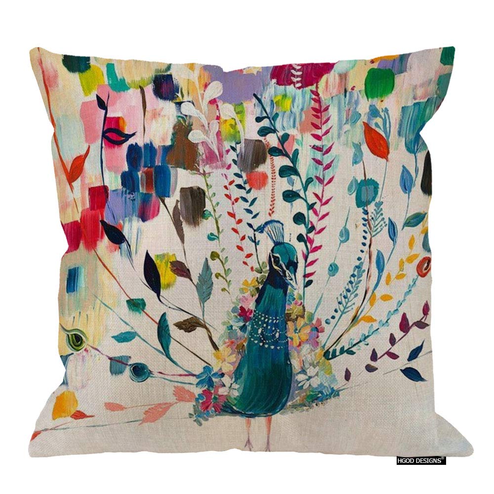 HGOD DESIGNS Watercolor Birds Peacock Elk Cotton Linen Decorative Throw Pillowcase Cushion Cover (Peacock) 18X18 Inches