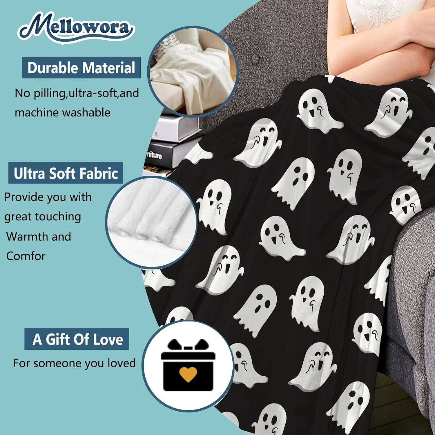 Cute White Black Ghosts Blanket for Girls Boys 40"x30" Throw image 5