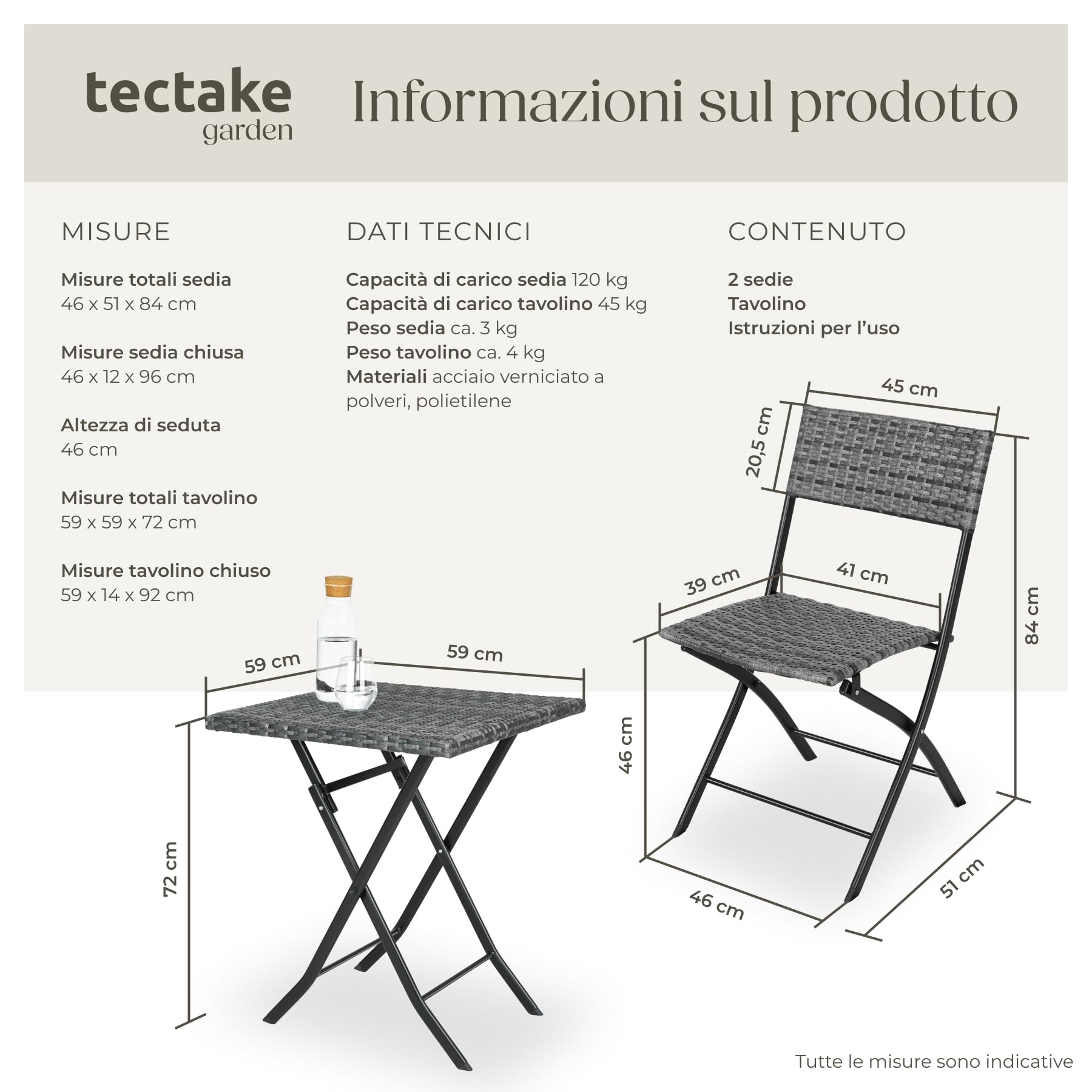 tectake® Set 3 Pezzi Trevi in Rattan, 1 Tavolo con 2 Sedie, Protezione dai Raggi UV, Ripiegabile, Design Moderno, Set Giardino, Terrazzo, Balcone, Campeggio - Grigio