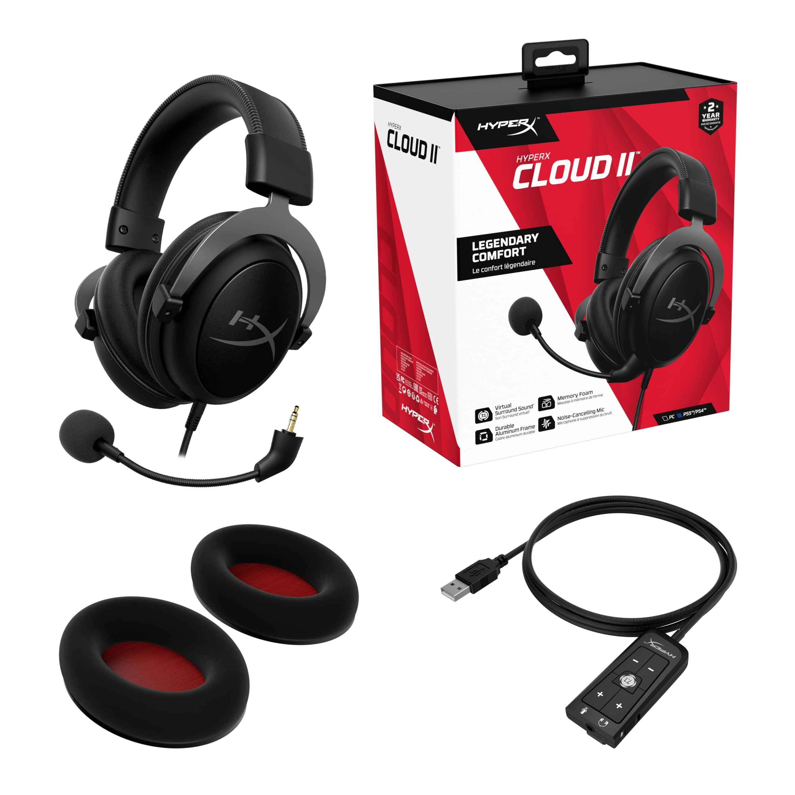 HyperX Cloud II, casque gaming filaire, son surround 7.1, haut parleurs 53 mm, micro détachable réduction de bruit, mousse mémoire de forme, arceau en aluminium robuste, PC, Xbox, PS4, PS5, Noir