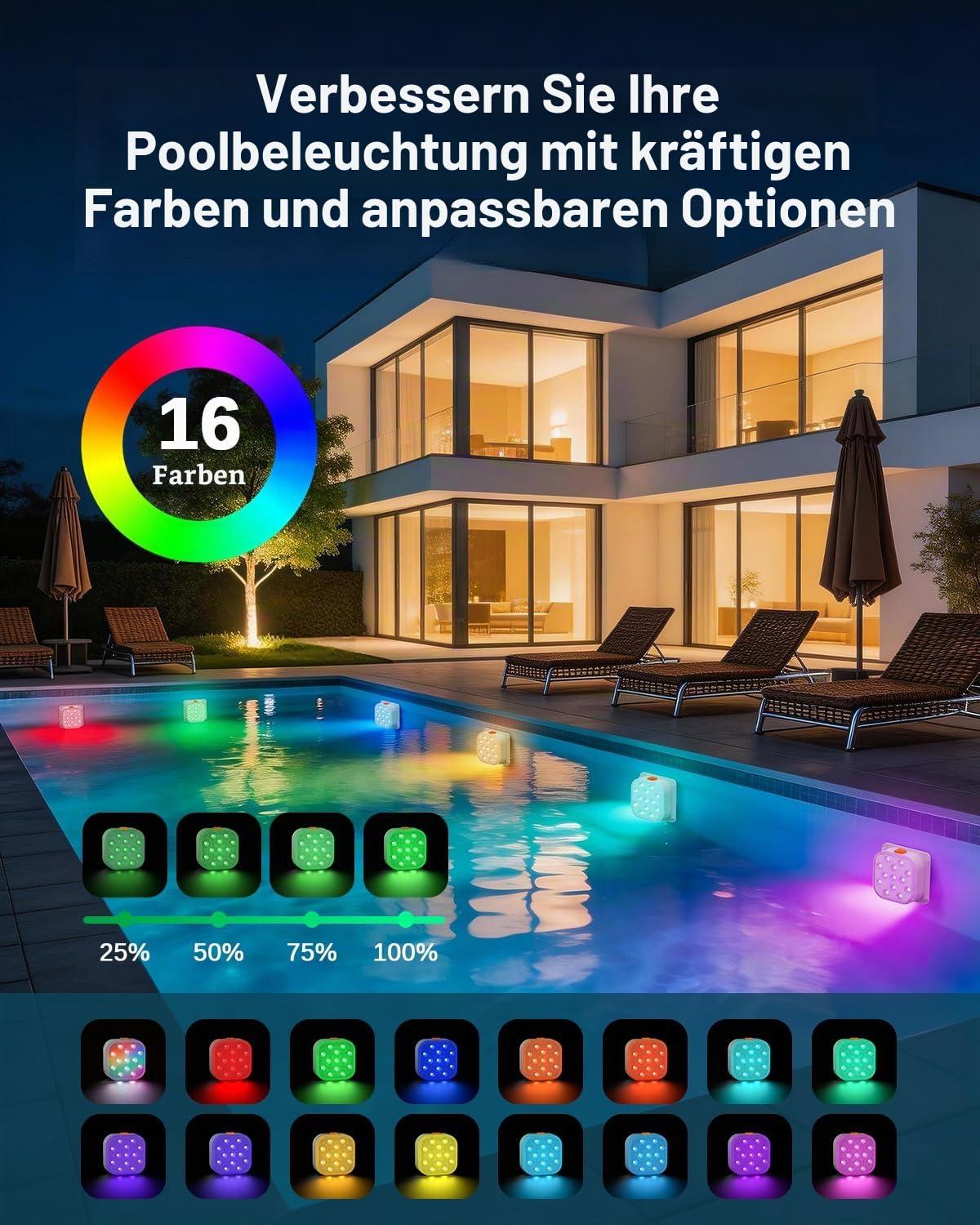 SoulBay Unterwasser Poolbeleuchtung Magnetisch Aufladbar mit Fernbedienung | RGB Bunte Pool Licht, Wasserdicht LED Schwimmende Teichbeleuchtung für Schwimmbad Teich Party Aquarium Garten Deko, 4er Set