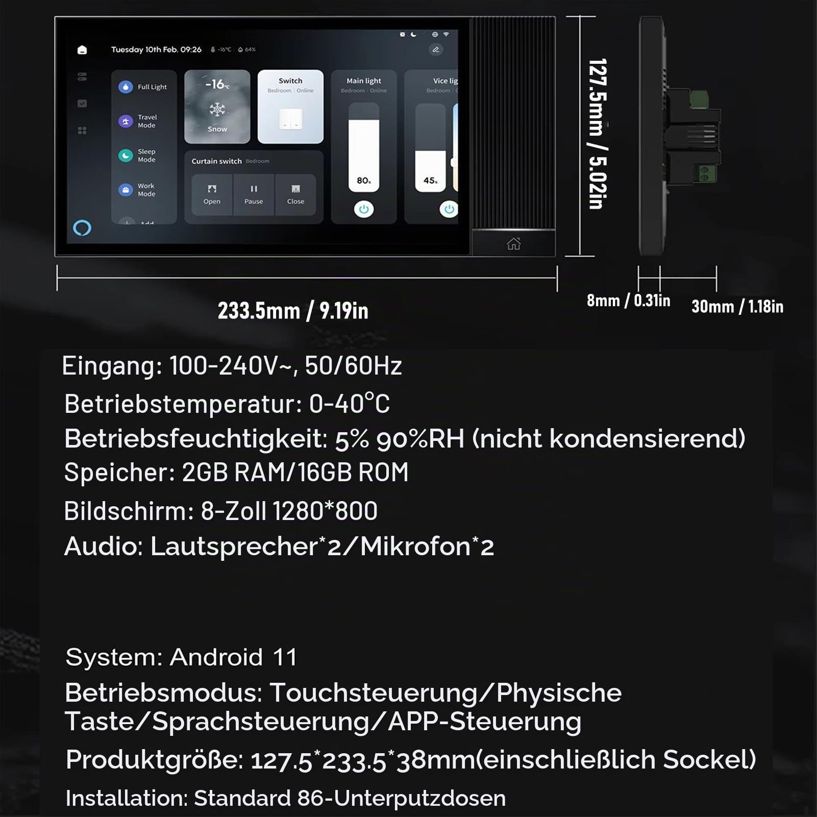 8 Zoll Smart Home Touchscreen -Panel, WiFi Voice Control & Assistant, 2 GB RAM 16 GB ROM, Wandmontage für Licht, Temperatur, Musik und Szenekontrolle