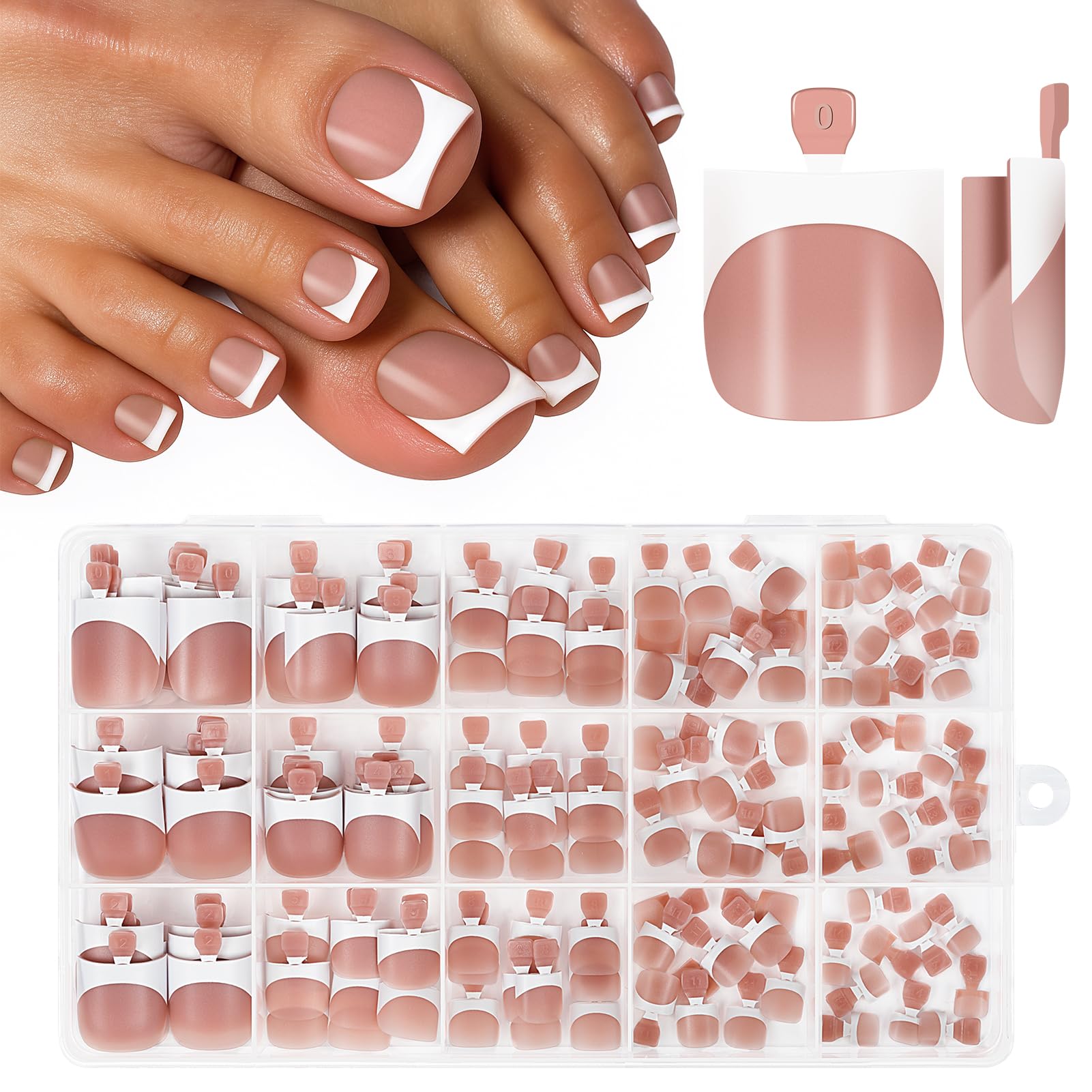 Kiiwah 150pcs French Tip Toe Nails, 15 Sizes Short Sharp Square Toe Nails False, Artificial Stick on Toenails