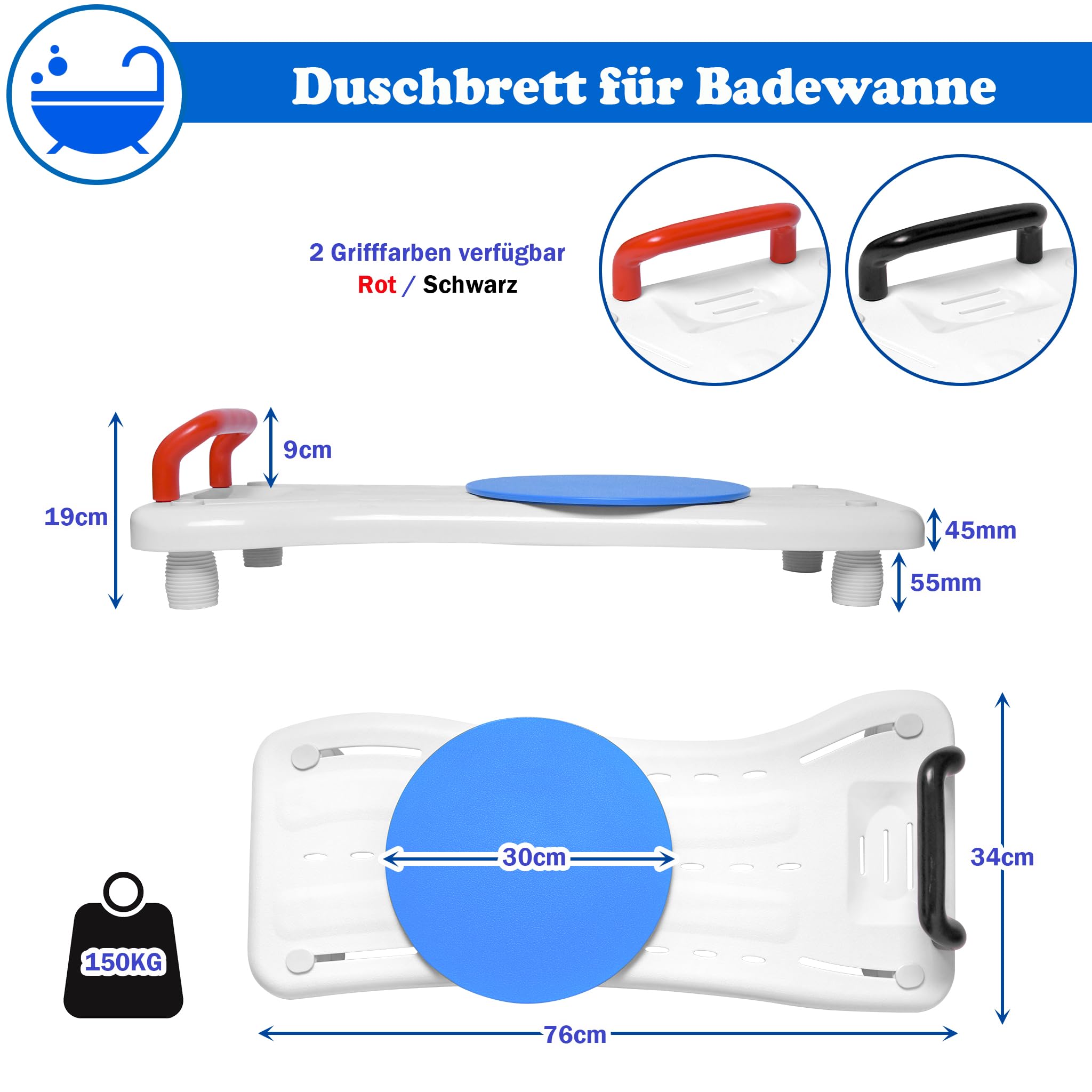SUBTLETY Planche de bain 76 x 34 cm avec plaque tournante pour baignoire de 41 à 63 cm - Réglable avec planche d'assise en polypropylène et poignée de sécurité noire - Charge maximale : 150 kg - Pour