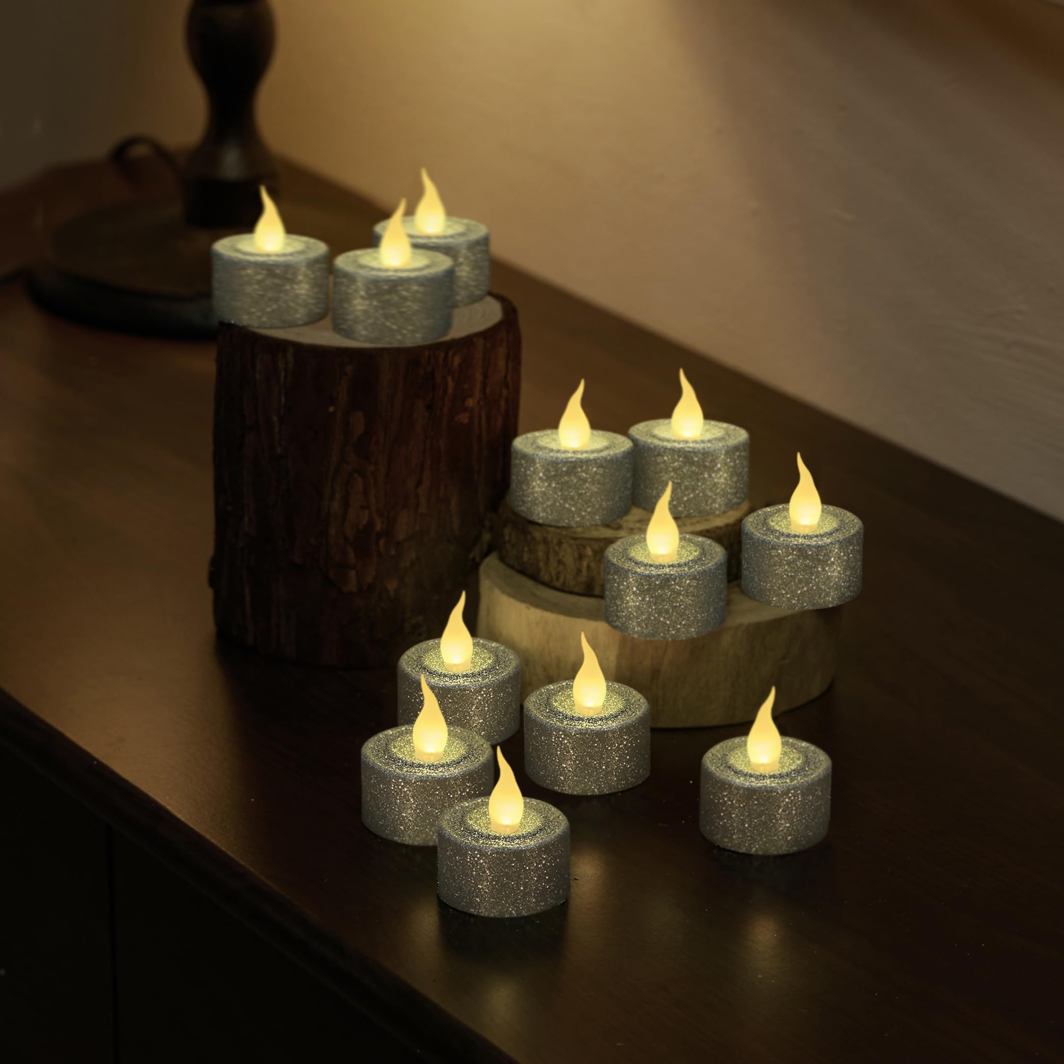 Silver Glitter LED Tealights - 12 Pack -2 Silver Glitter LED Tealights - 12 Pack -2