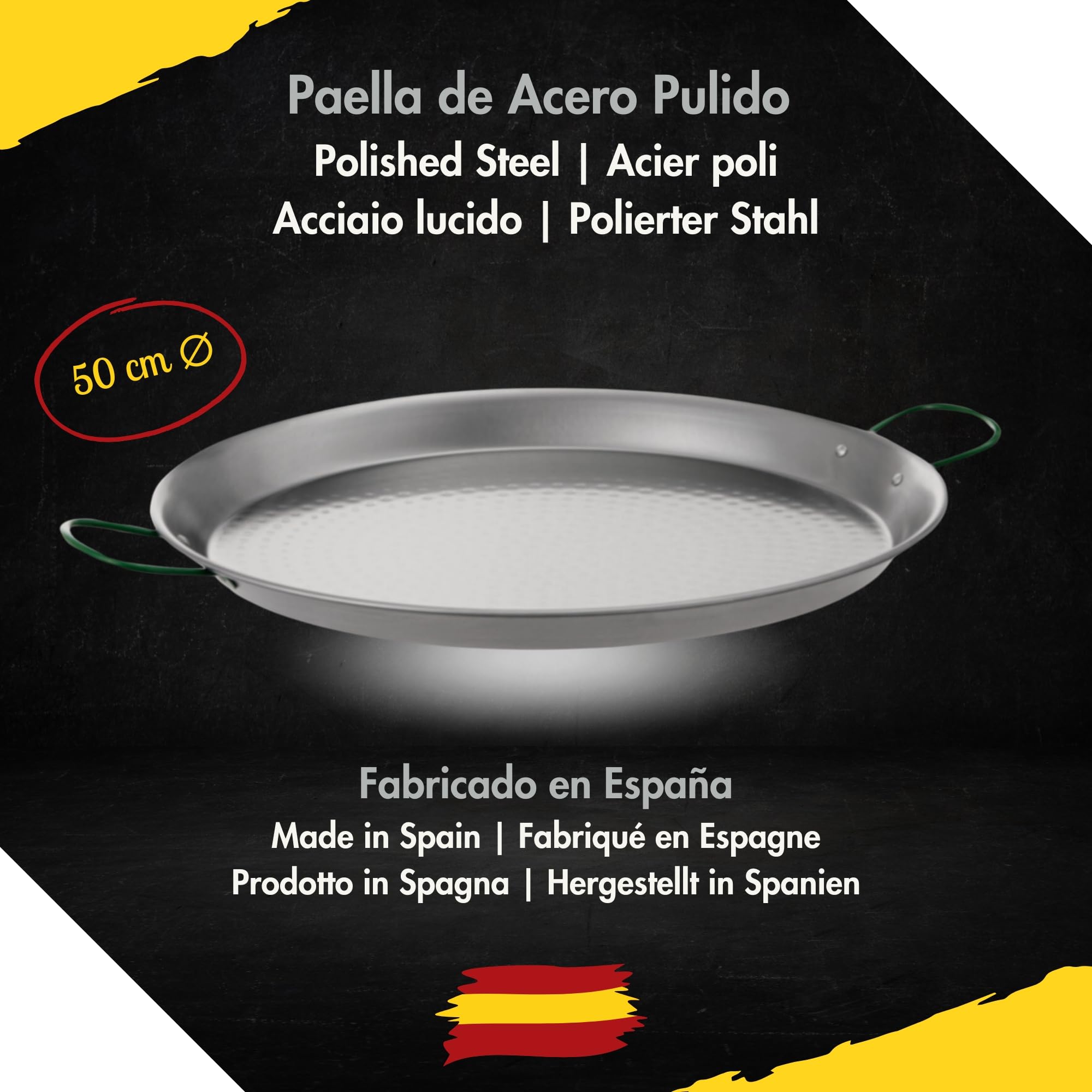 COMBOI - Paellera in acciaio lucido 50 cm, paellera valenciana fino a 13 porzioni, adatta per gas, legna e paelleros, prodotta in Spagna, include ricettario digitale. (50 cm)