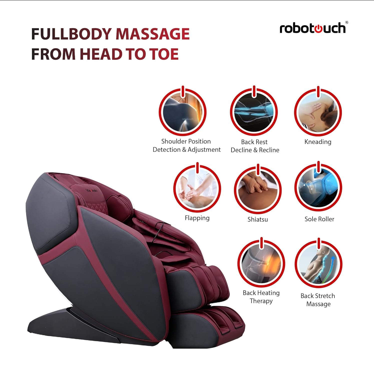 Robotouch Echo Plus Zero Gravity Full Body Massage Chair For Home Use. Neck, Shoulder, Back Pain Relief| Body Stretch, Rollers, Heating, Kneading, Back Rest,1 Year Onsite Warranty. (Red) - Leather Robotouch Echo Plus Zero Gravity Full Body Massage Chair For Home Use. Neck, Shoulder, Back Pain Relief| Body Stretch, Rollers, Heating, Kneading, Back Rest,1 Year Onsite Warranty. (Red) - Leather