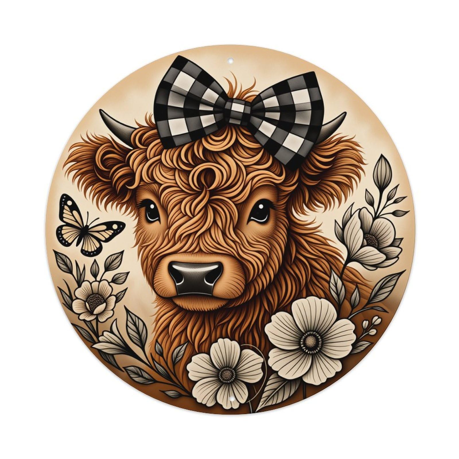 Cow With Bow And Flowers Metal Tin Sign Vintage Garden Bedroom Cafe Bar Man Cave Home Wall Decor Metal Poster 8x8 inches