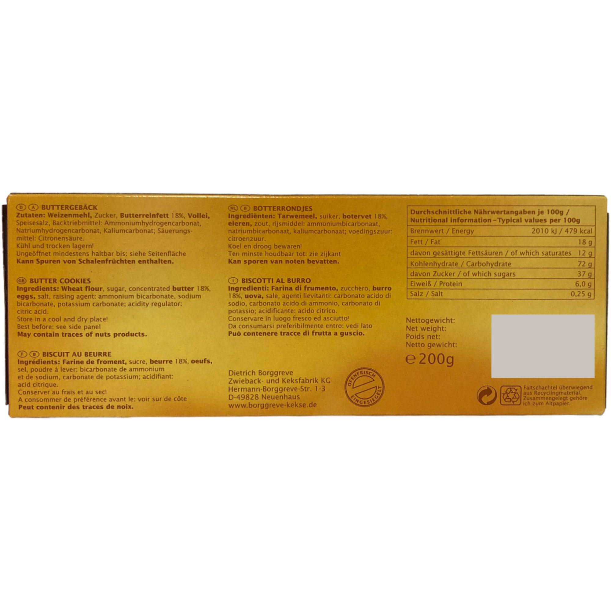 Borggreve Buttertaler Meisterliches Buttergebäck mit Kristallzucker bestreut VPE (24x200g Packung) + usy Block