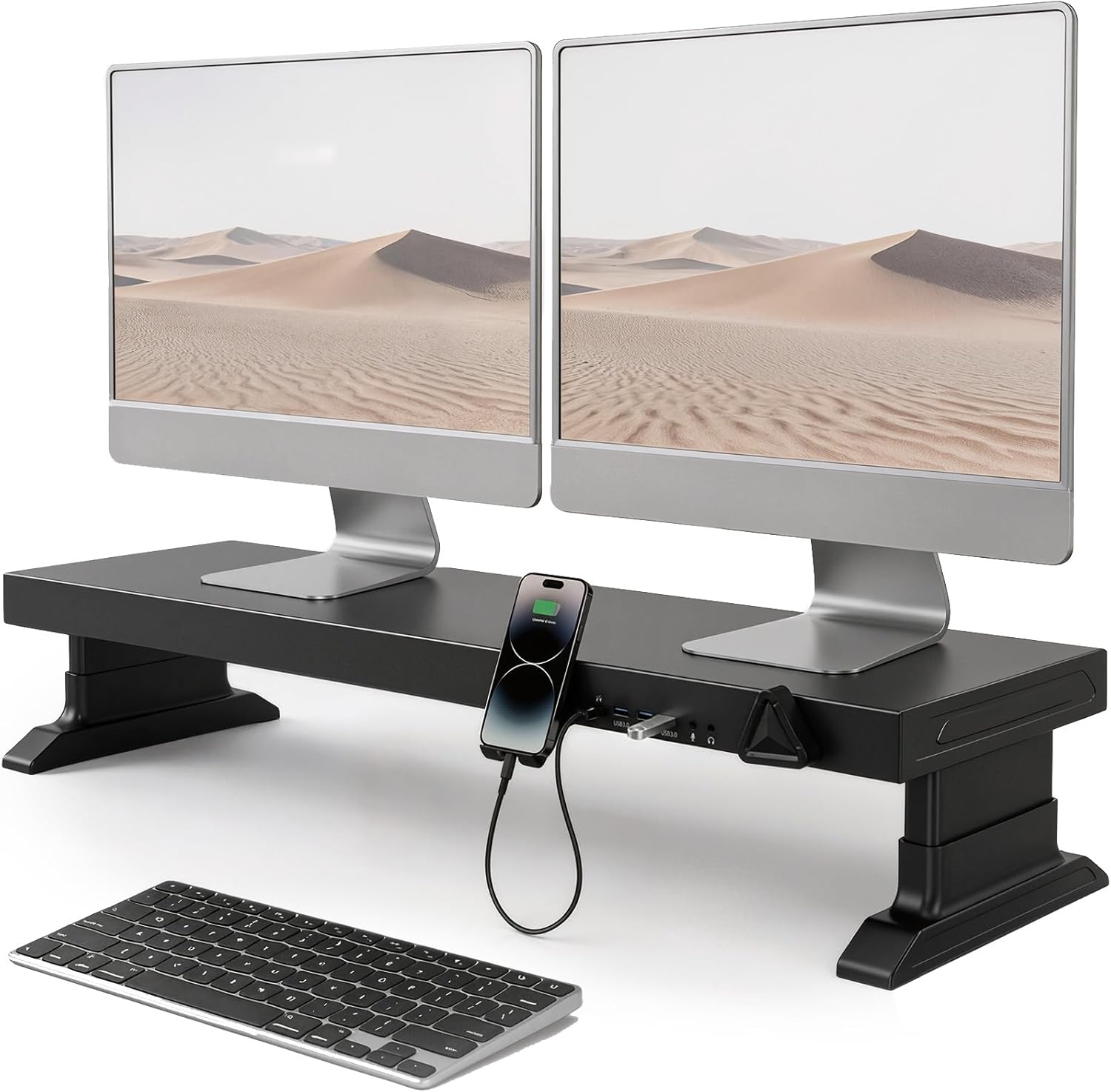 Height Adjustable Monitor Riser with 6-Port Hub – 37.6" Extra Wide Desk Stand for Dual Monitors, Continuous Height Adjustment 4.33–6.69" via Knob, USB-C Fast Charging, Carbon Steel Black