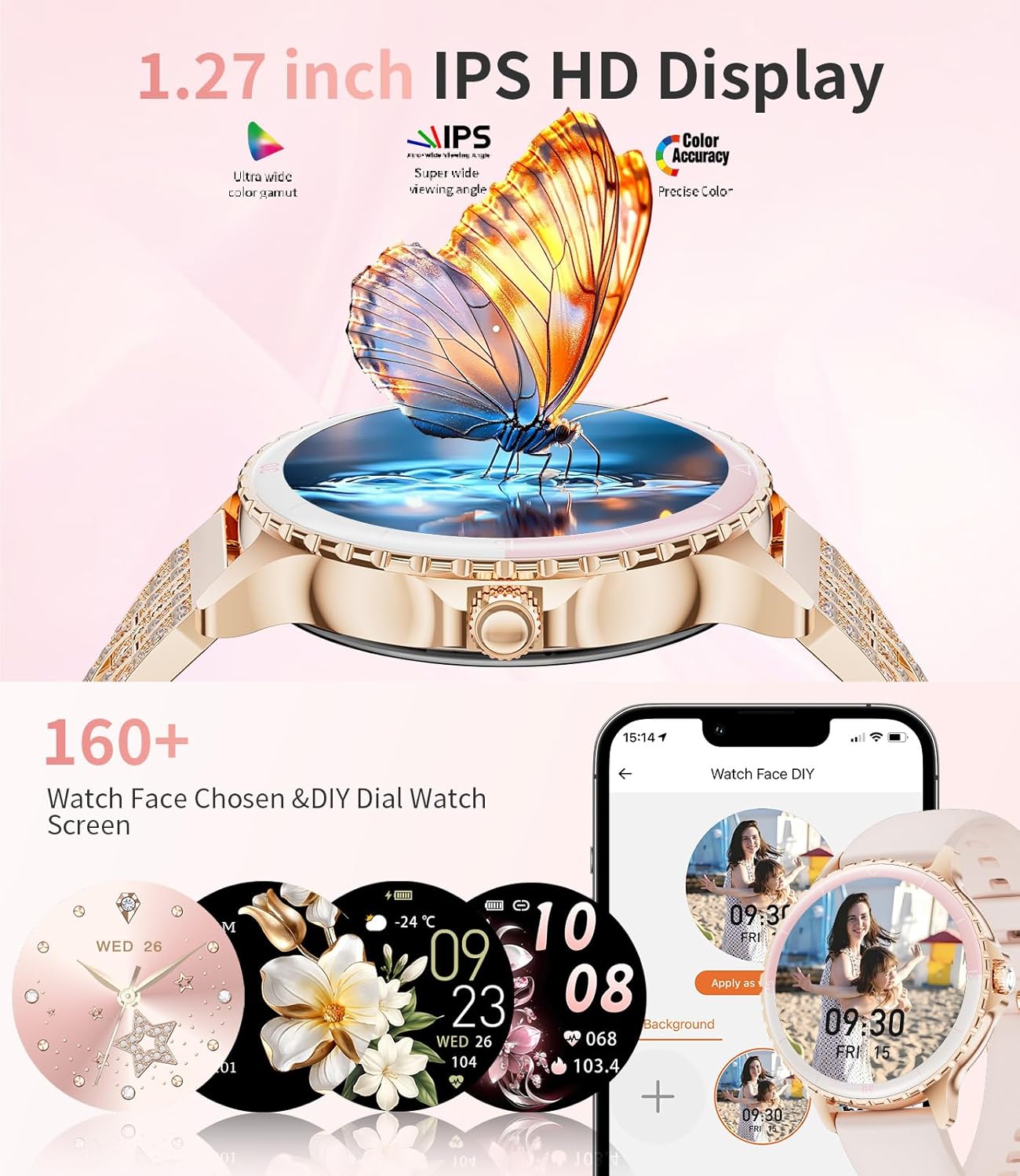 SUNKTA Smart Watch for Women (Answer/Make Call),1.27" Curved Display​ Smartwatch with Female Cycle/Sleep Monitor,5ATM Waterproof Fitness Tracker 100 Sport Modes Pedometer for Android/iOS,Gold Diamond - Image 2