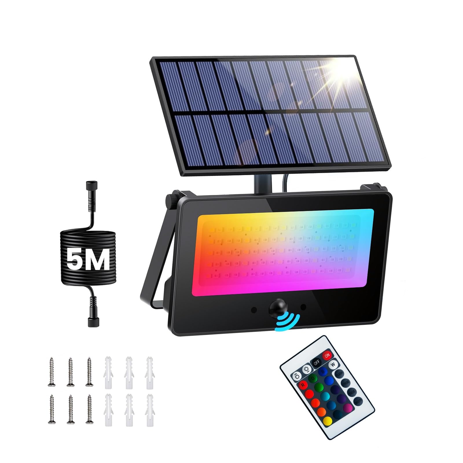 Galavasen RGBW Solar Flood Lights Outdoor Waterproof, 16.4FT Cable 16 Million Color Changing Party Lights with Remote control for Outside Party,BBQ,Bars,Stage,Courtyard,Garden,Porch,1 Pack(Multicolor)