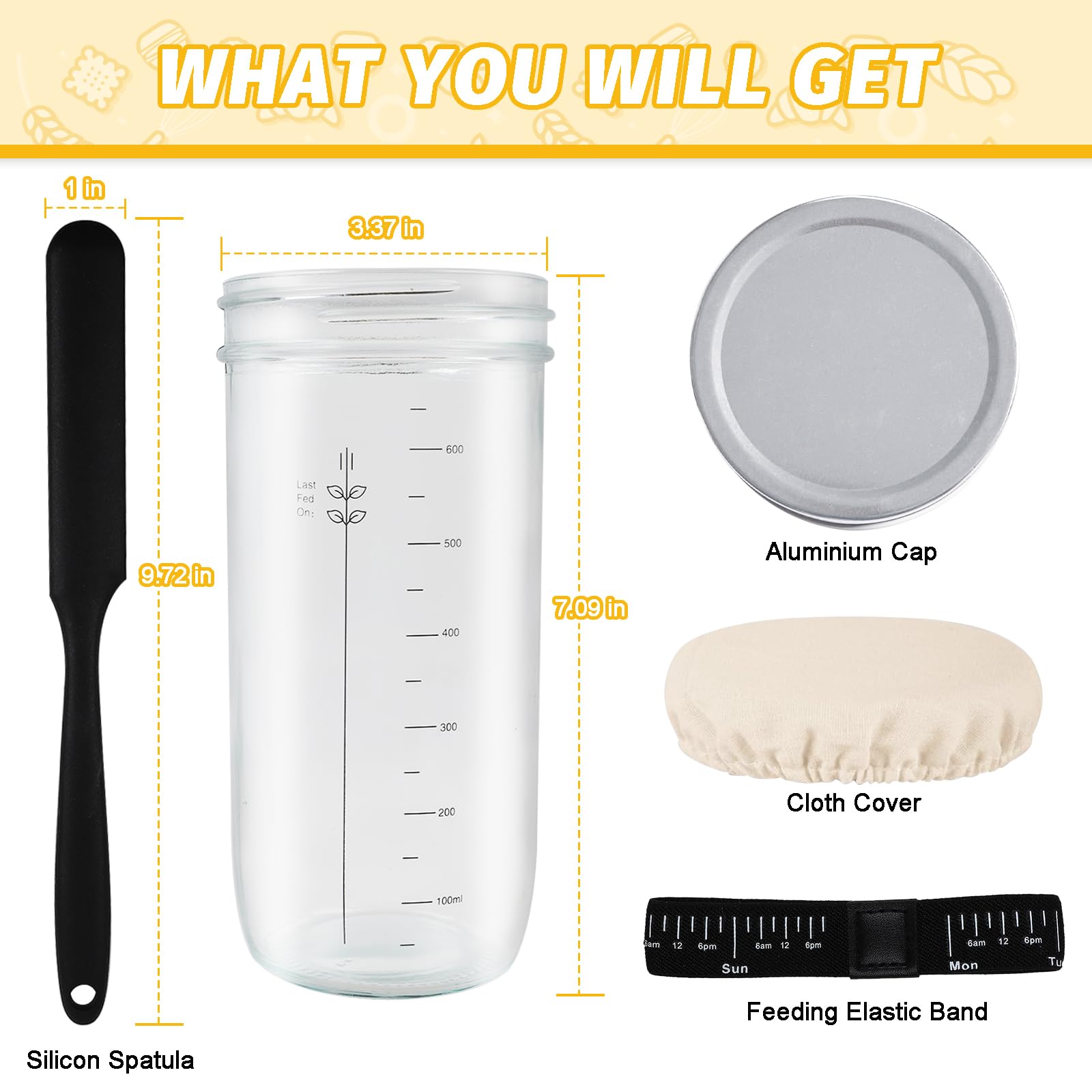 PSEBAY 24oz Sourdough Starter Jar Kit with Scraper, Thermometer, Date Marked Feeding Band, Cloth Cover and Metal Lid, Home Sourdough Bread Baking Supplies