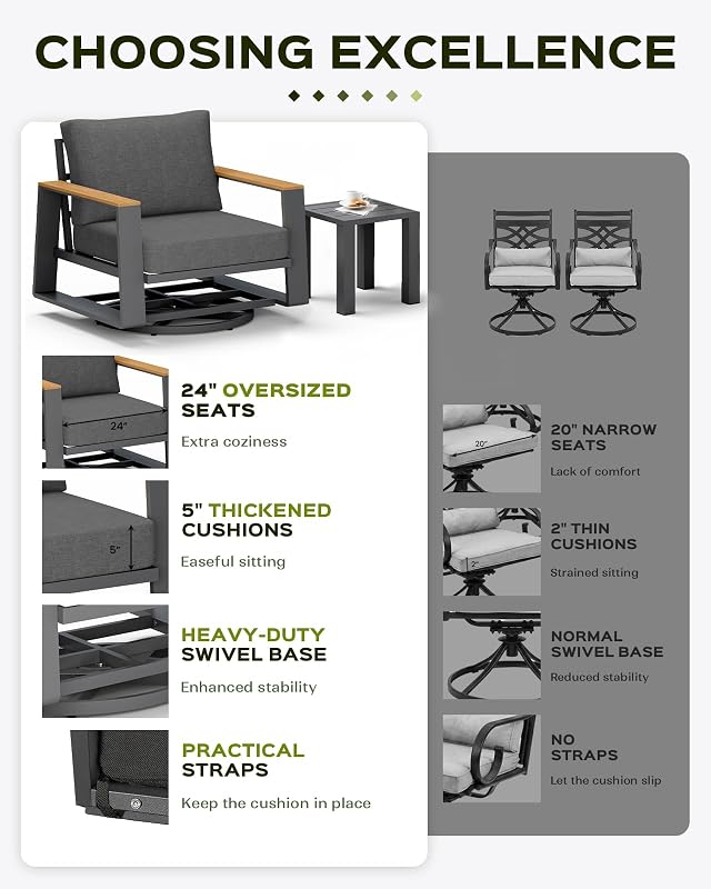 Vexwalx Aluminum Luxury Outdoor Swivel Patio Chairs with Table Set, Oversized 3 Pieces Patio Conversation Furniture Set with High Back&Washable Cushions, Outdoor Bistro Set for Porch, Deck, Graphite image 2