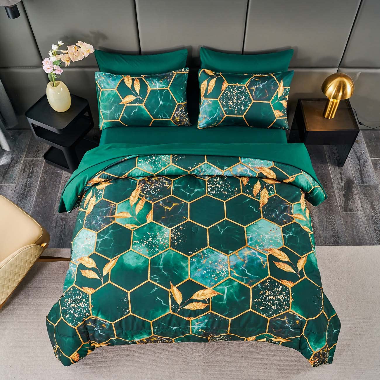 ANGIYUIN Emerald Green Printed Marble Comforter Set Queen, 7Pcs Geometric Hexagon Theme with Gold Leaf Bed in A Bag, Modern Foil Print Bedding Sets with Sheets Pillowcases (Green Queen)