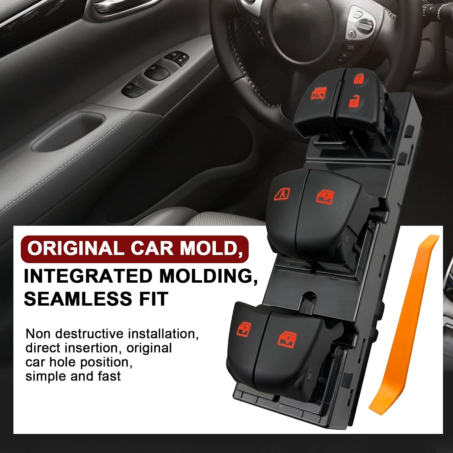 Driver-Side Window Switch - 25401-6LA0A - Fits 20-23 Nissan Sentra 2.0L (16-Pin, Orange LED) - W/Tool, 1-Year Warranty