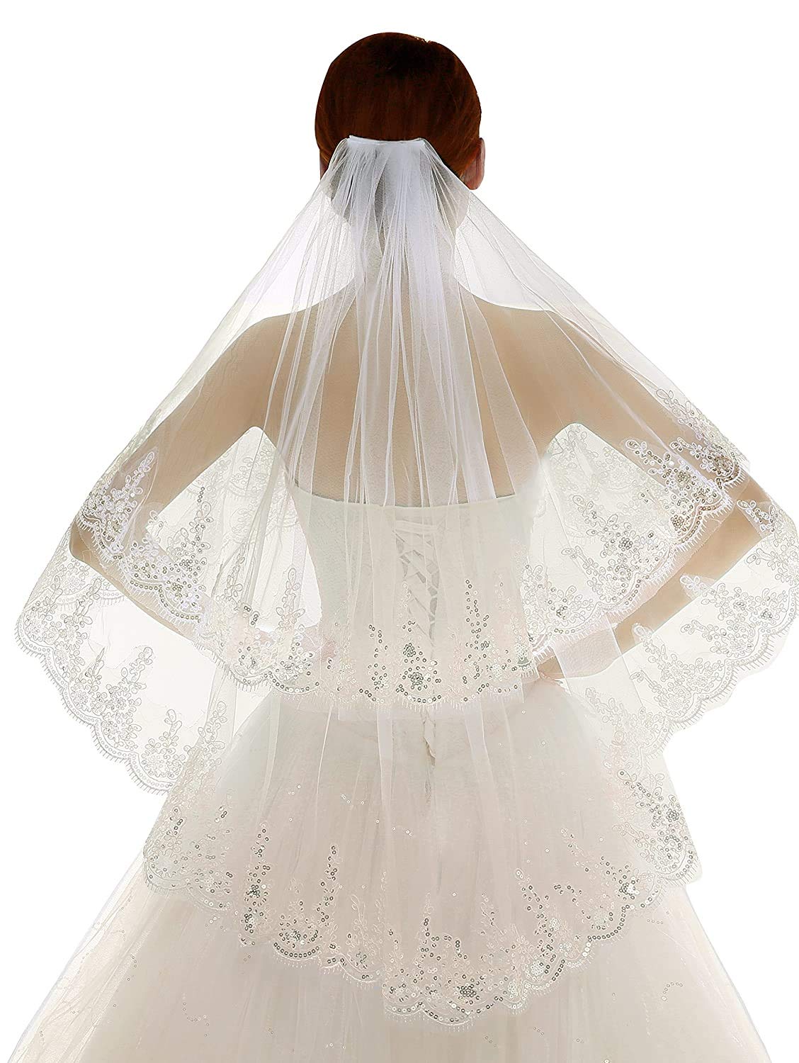 GOWNLINK Christian Wedding Bridal Short Veil Sequence Work With Comb 1.5 Metre,Code V-20