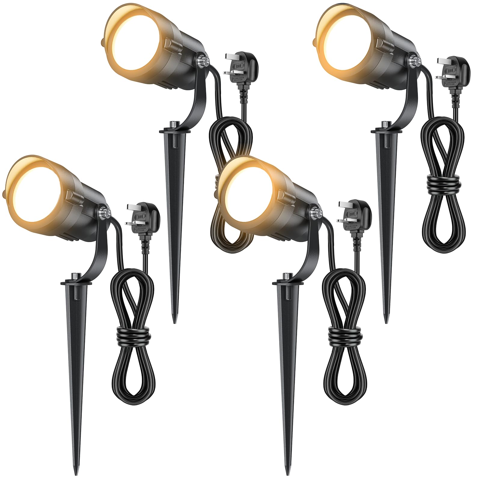 HIBOITEC Juego de 4 Focos de Jardín 12W 1320 Lúmenes, Luz Blanca Cálida 2700K, Focos LED Impermeables IP65 con Pica y Enchufe 1.5m, para Patio, Terraza, Jardín y Caminos
