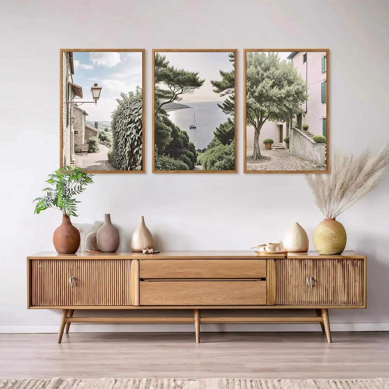 GOSRD Póster en lienzo con diseño retro de paisaje urbano, ideal para galerías de arte, decoración de paredes, estilo costero y de viajes (60x80cm - 3 piezas/marco interno).