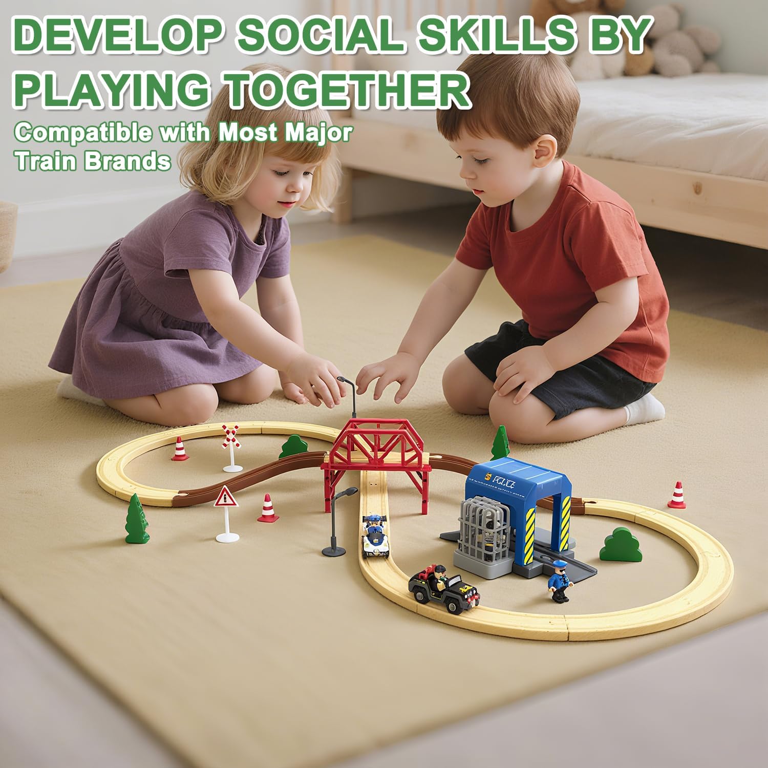 Wooden Train Set for Toddlers, 52Pcs Train Toy with Railway Track for Kids, Wooden Train Tracks Include Expansion Pack Compatible with Thomas, Brio, Chuggington - Image 5