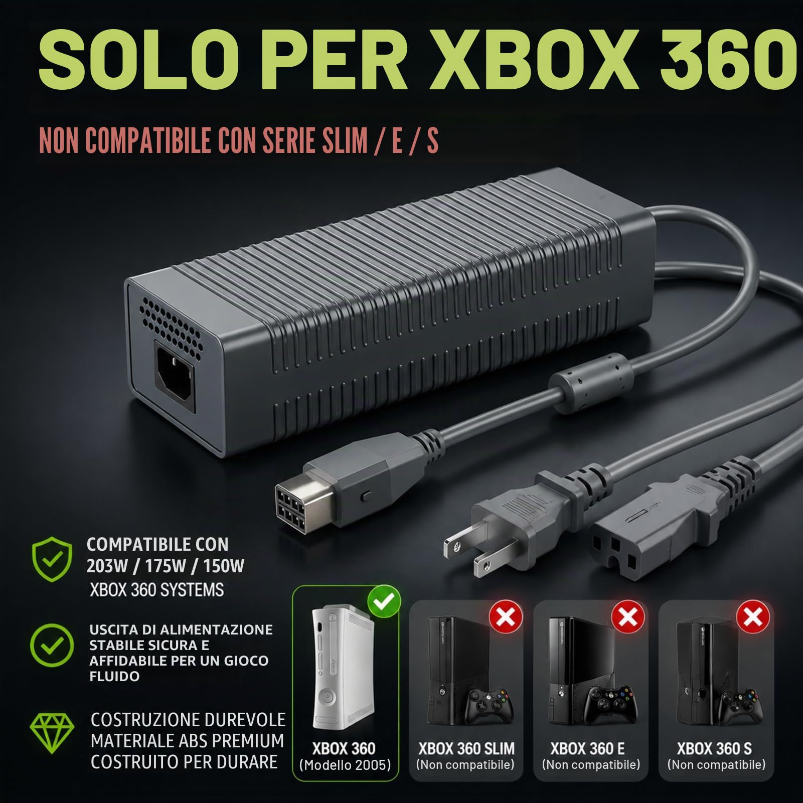 Alimentatore Universale per Console di Gioco con Cavo di Alimentazione - Compatibile con Xbox 360 e Altre Console, Adattatore di Ricarica per One e Modelli Simili