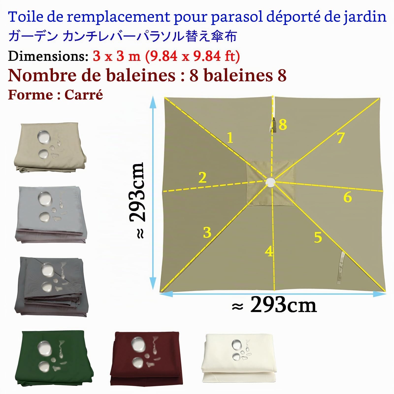 Carré Déporté Toile Parasol Auvent De Remplacement, Imperméable ProtectionUV Garden Umbrella Canopy Cover, 2.5 3 4.m 8Baleines Housse Toile De Rechange Pour Balcon Patio Jardin(Offwhite,3X3m)
