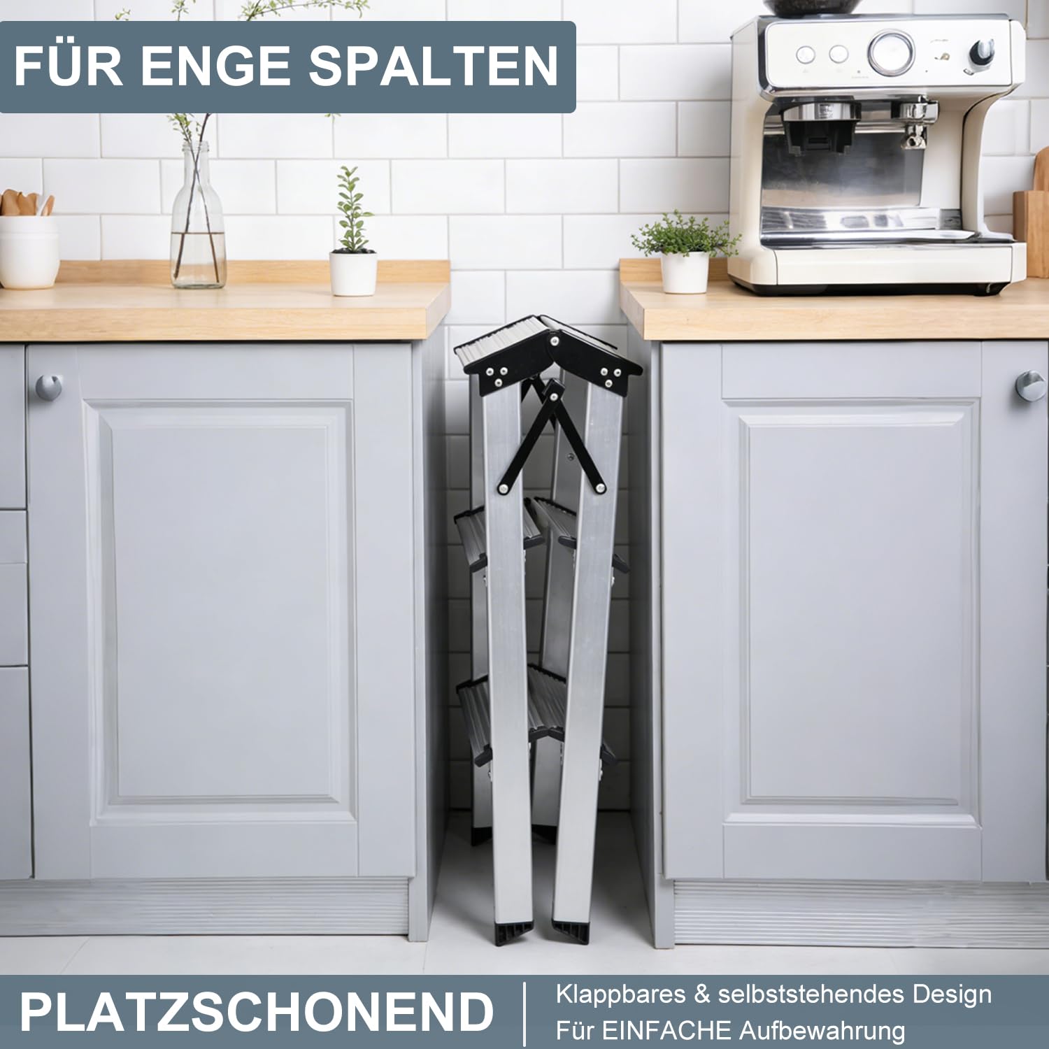 Trittleiter, Leiter mit 3 Stufen, Klapptritt, Klappsicherung, einfach zu verstauen