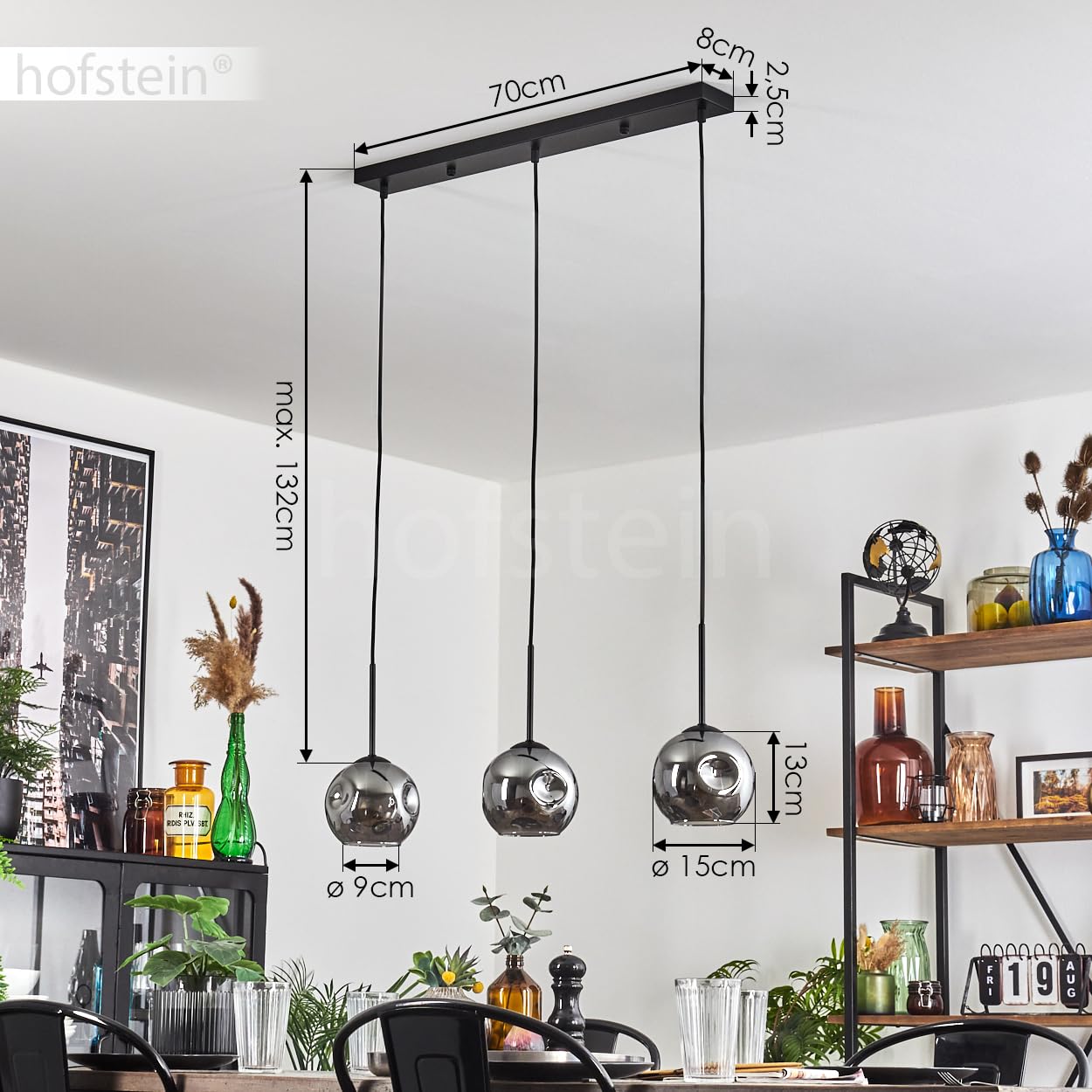 Pendelleuchte Ripoll, Pendellampe aus Metall/Glas in Schwarz/Rauchfarben, Leuchte im modernen Retro/Vintage-Design mit Schirmen aus Glas (Ø 15 cm), Höhe max. 132 cm, 3 x E27, ohne Leuchtmittel