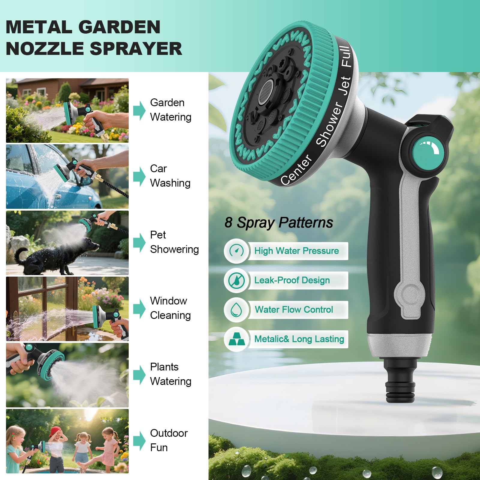 Pistolet d'arrosage | Pistolet d'arrosage en métal robuste – 9 cm de pulvérisation ultra large, 8 modes de buse réglables, buse de tuyau pour arrosage, nettoyage, animaux domestiques et lavage de