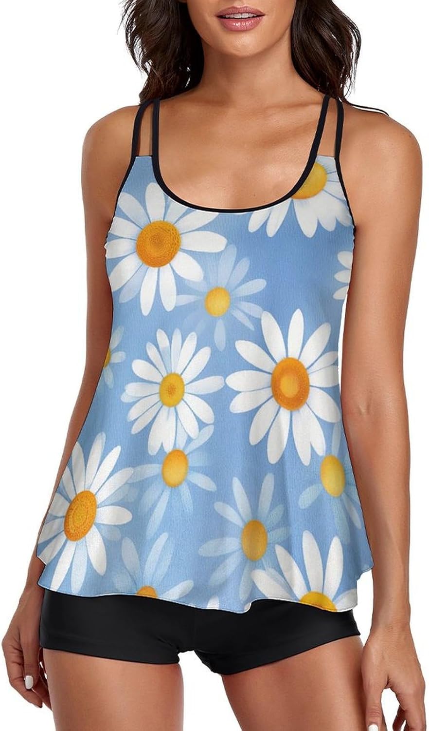 Tankini Swimwear for Women, 2 Piece Loose Fit Swimsuit with Tummy Control and Adjustable Straps