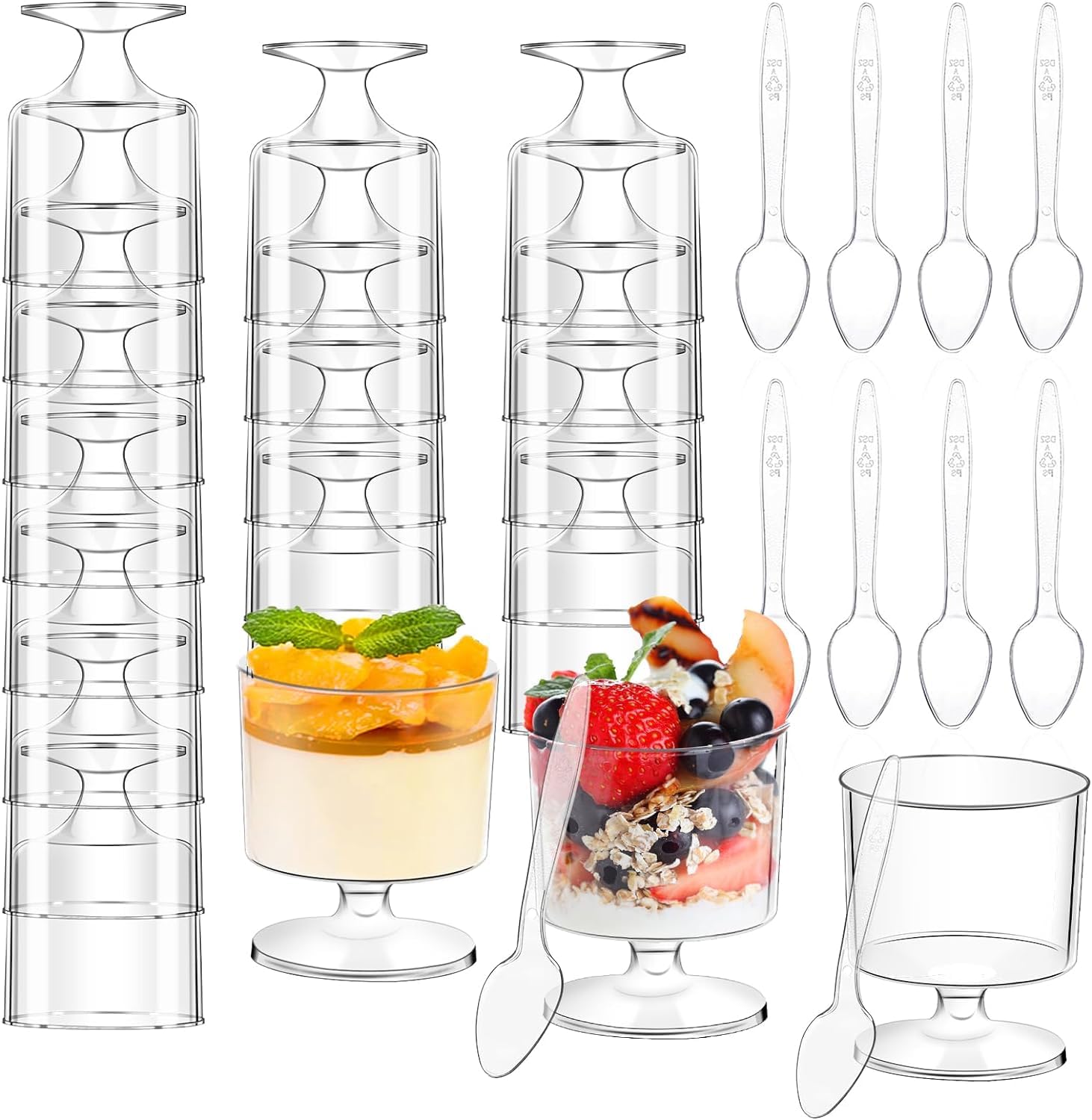 60 Packs Dessert Cups with Spoons 5 OZ Mini Clear Plastic Dessert Parfait Cup for Party Serving Cups Small Round Goblet Wine Shot Glasses Disposable Fruit Ice Cream Mousse Pudding Appetizer Cup Bowl