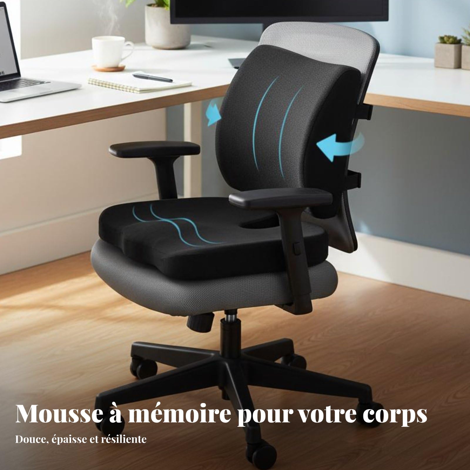 Cojín Ergonómico Asiento con Almohada de Espalda Cojín Soporte Lumbar Cojín Asiento Que Mantiene la Forma Tela de Malla Transpirable Apto para Silla, Gris, Juego+Malla