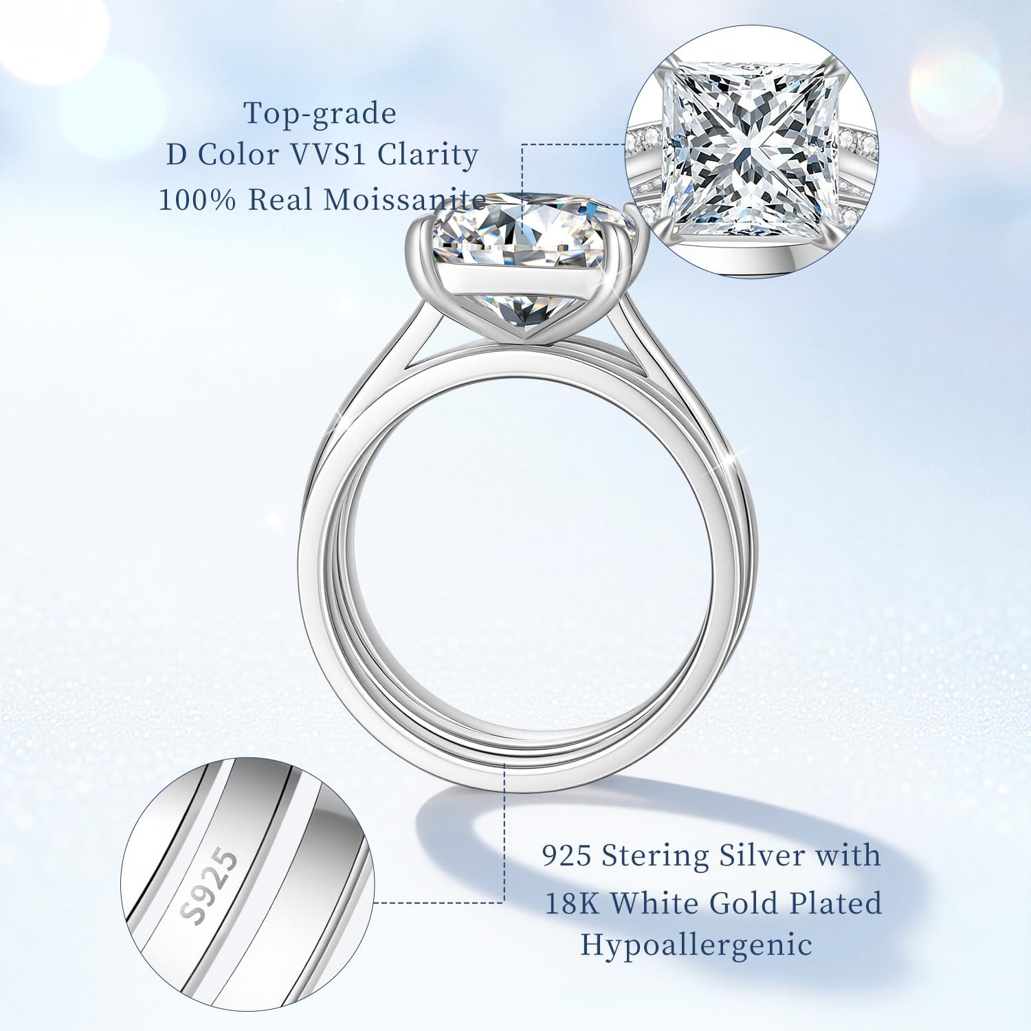 Total 5.8cttw(3.5CT Center Stone) Moissanite Wedding Bridal Rings Set, 925 Sterling Silver, Round/Princess Cut D Color VVS1, Engagement Anniversary Promise Ring for Women with Certificate