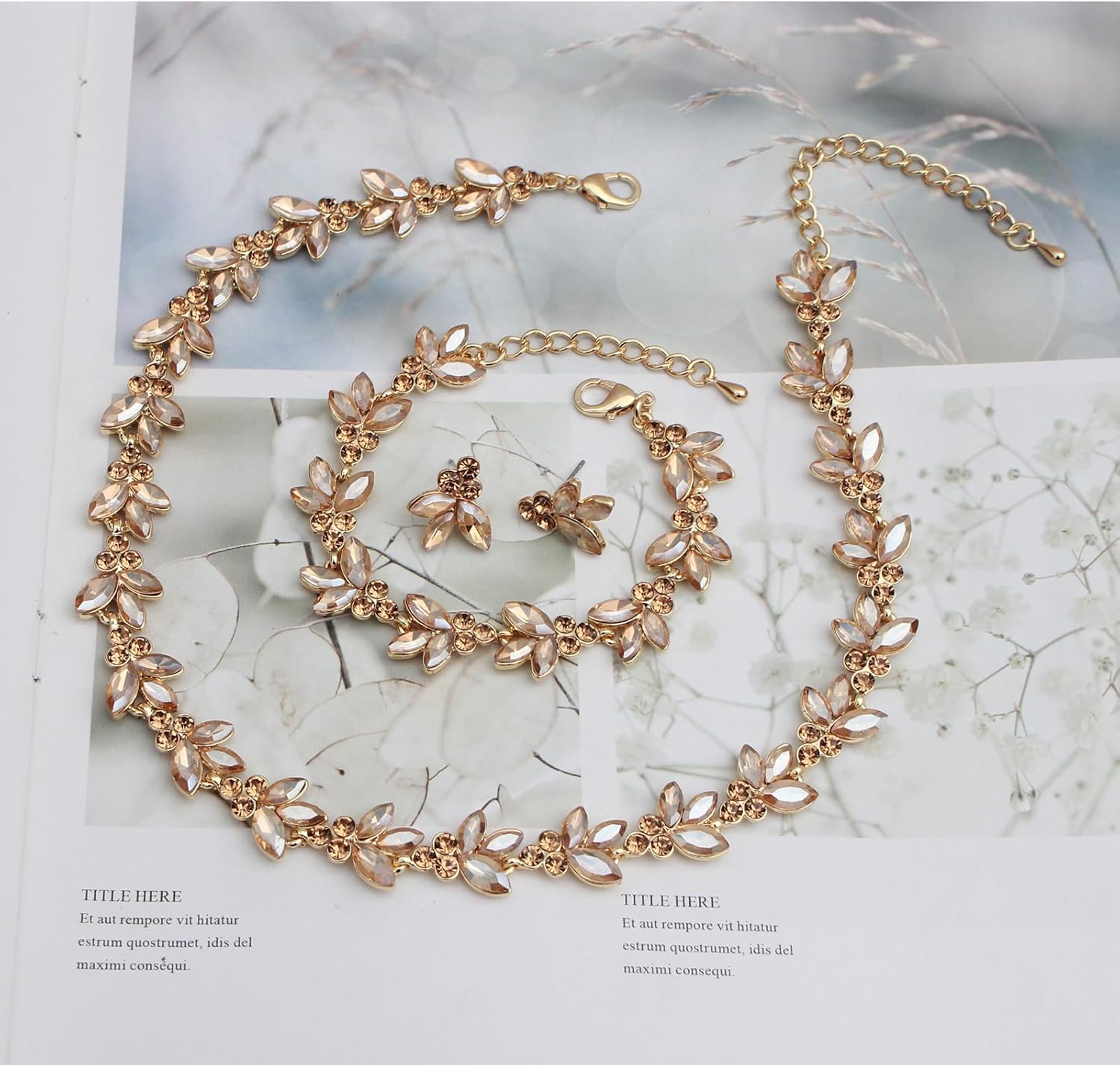 Bridal Wedding Crystal Leaf Choker Necklace Dangle Earring Bracelet Brides Bridesmaid Jewelry Set for Women - Image 3