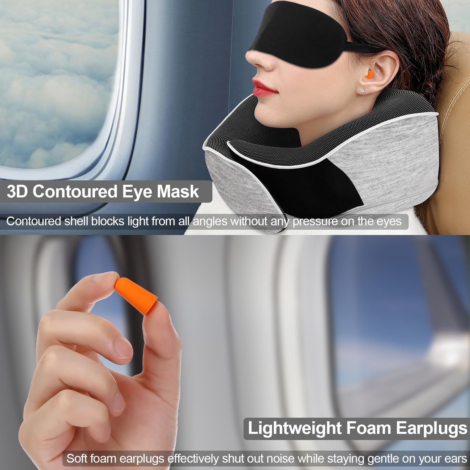 Oreiller De Voyage Mémoire Forme - Avec Masque Yeux Et Bouchons Oreilles - Support Cervical 360°