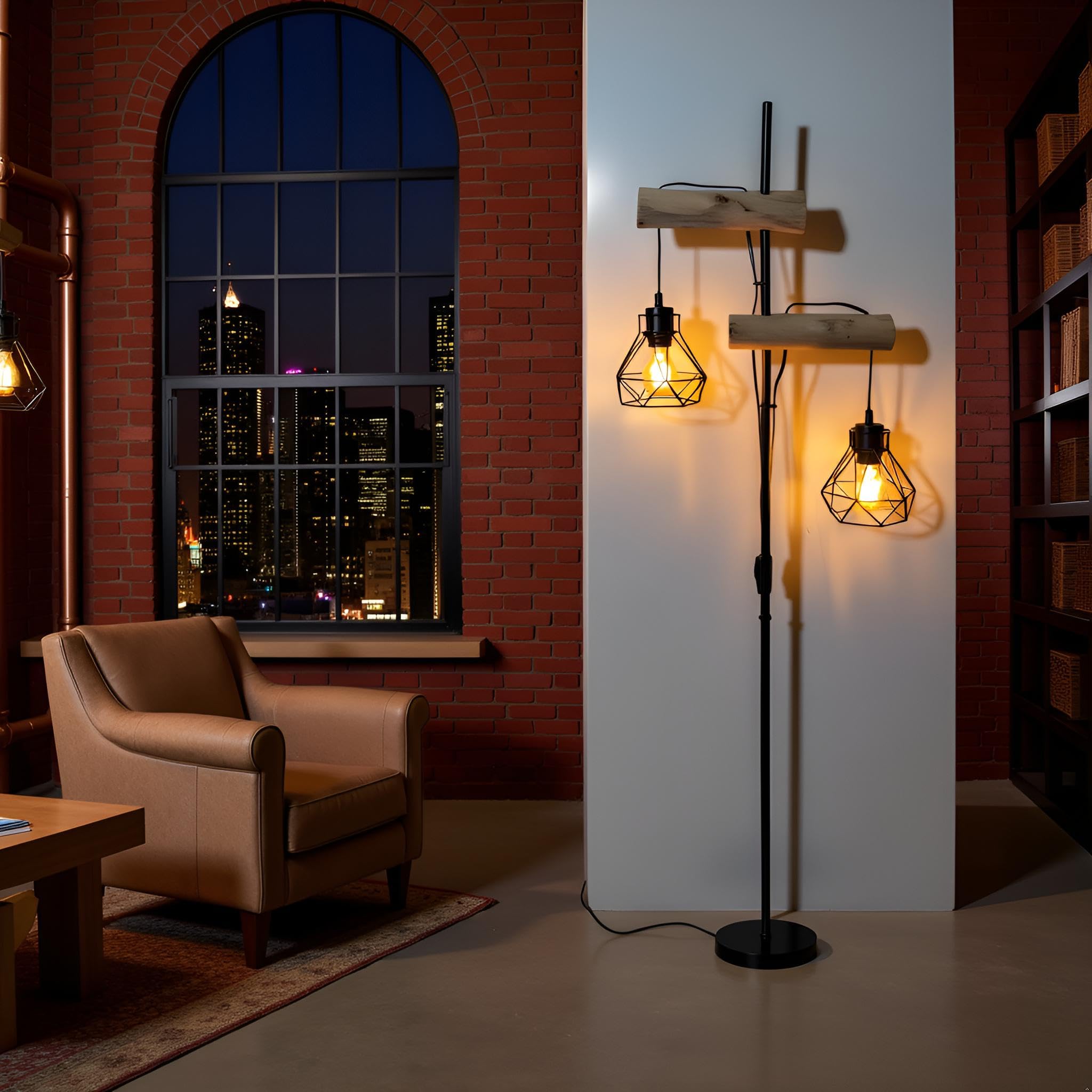 Lampada da Terra Industriale, Design Vintage, Legno Naturale e Metallo Nero, Paralume Geometrico, Interruttori Indipendenti, per Salotto e Camera(senza lampadine)
