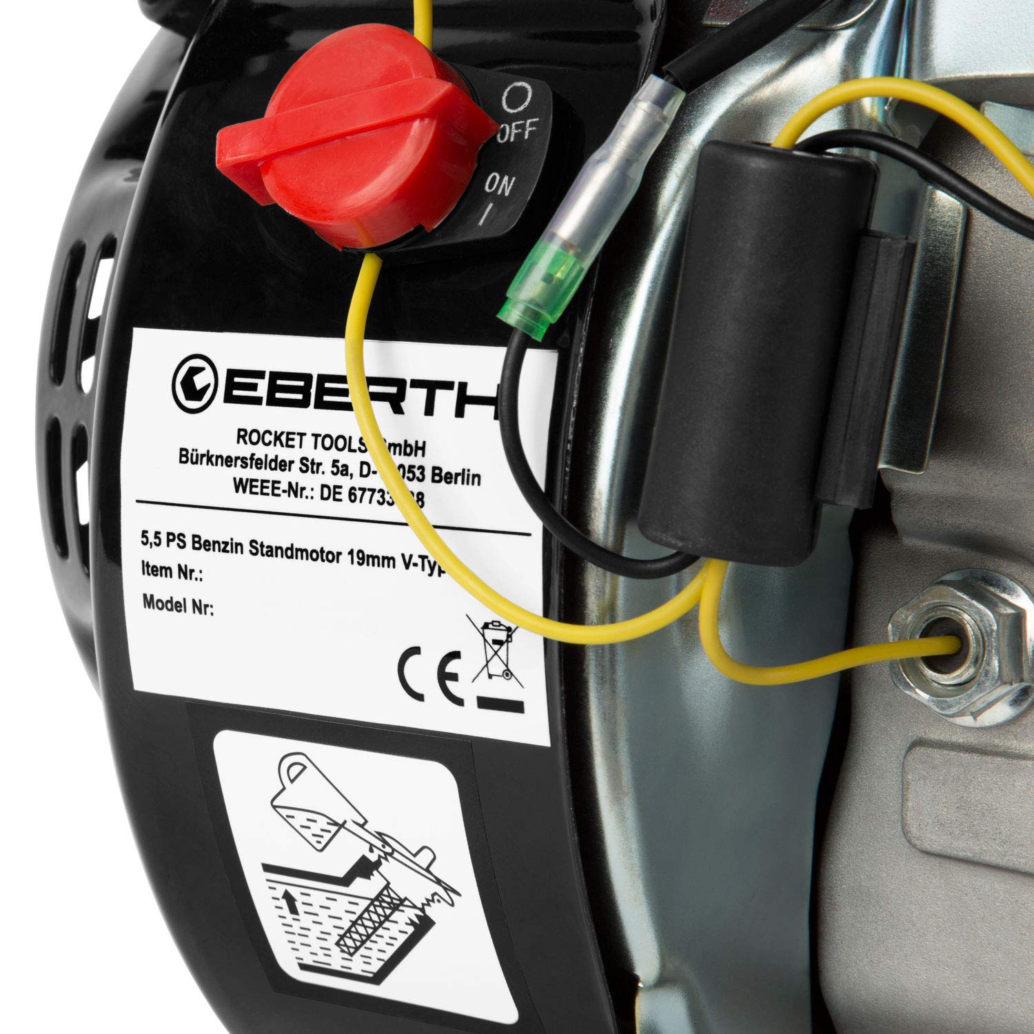 EBERTH 5,5 CV Moteur thermique à essence Moteur de kart, arbre 19,05 mm Ø avec filetage extérieur, sécurité contre manque d'huile, 4 temps, 1 cylindre, 163 ccm cylindrée, démarrage câble