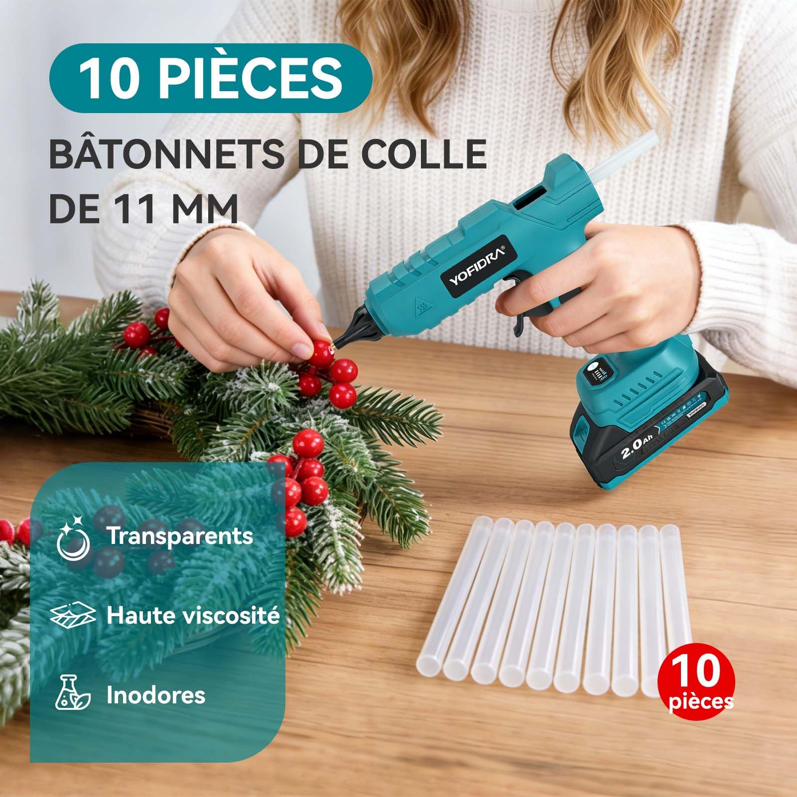 Yofidra Pistolet à Colle Chaude sans Fil 100W - Pistolet à Colle Chaude avec 10 Bâtons de Colle (11mm), 2 Batteries 2,0Ah et Chargeur, Chauffage Rapide, Idéal pour le DIY, Réparations et Bricolage