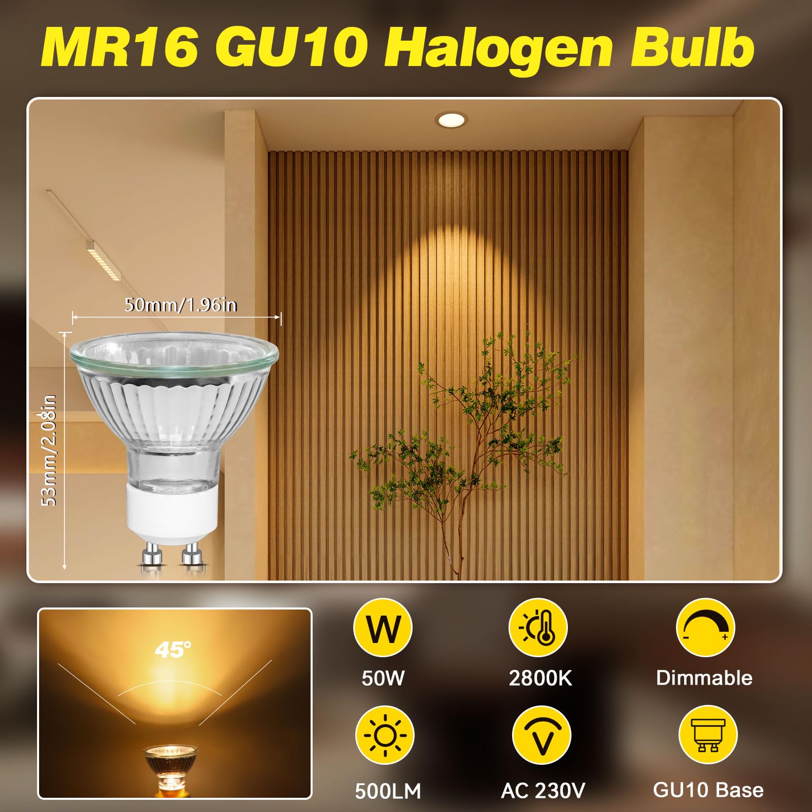 Caldarax Żarówka GU10 50 W z możliwością ściemniania, AC 230 V, 500 lm ciepła biel 2800 K, reflektor MR16 GU10 do podgrzewacza świec, lampy do zabudowy, oświetlenie szynowe, kąt świecenia 45° punktowy