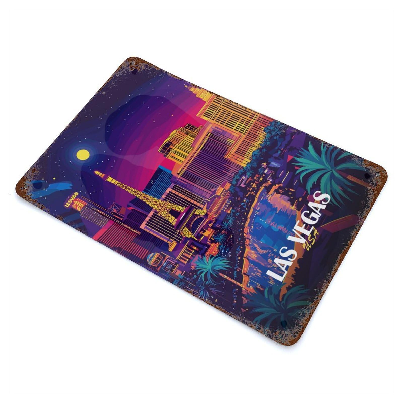 Las Vegas Skyline at Night Weathered Tin Sign 11.8"x7.9", Novelty Wall Decor for Garage, Pub Or Kitchen
