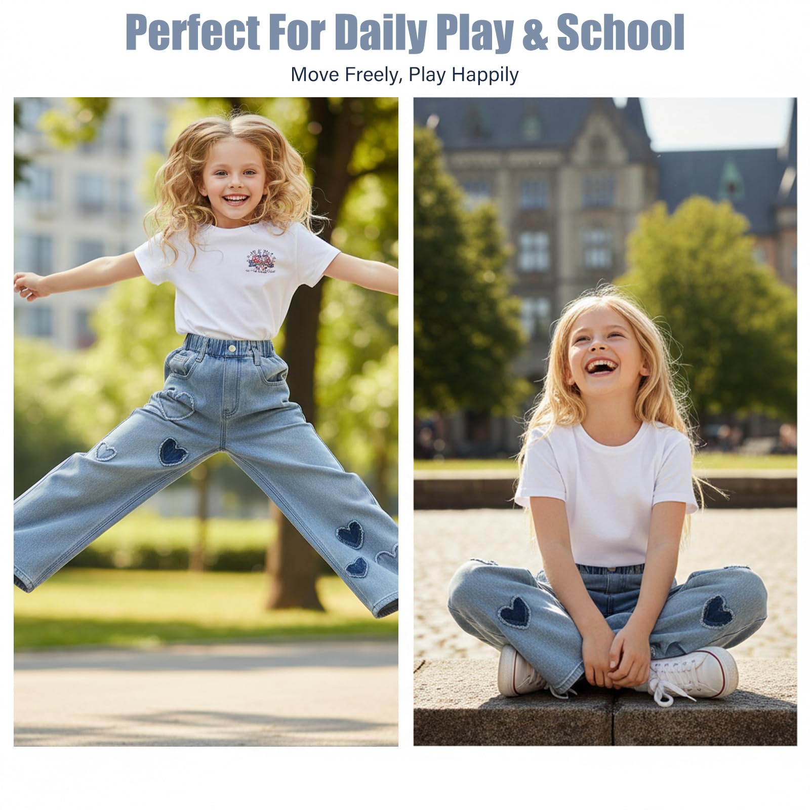 Jeans larghi a gamba larga da ragazza, pantaloni elasticizzati in denim a vita alta, casual, pantaloni hip hop a forma di cuore sciolto per bambini dai 6 ai 15 anni