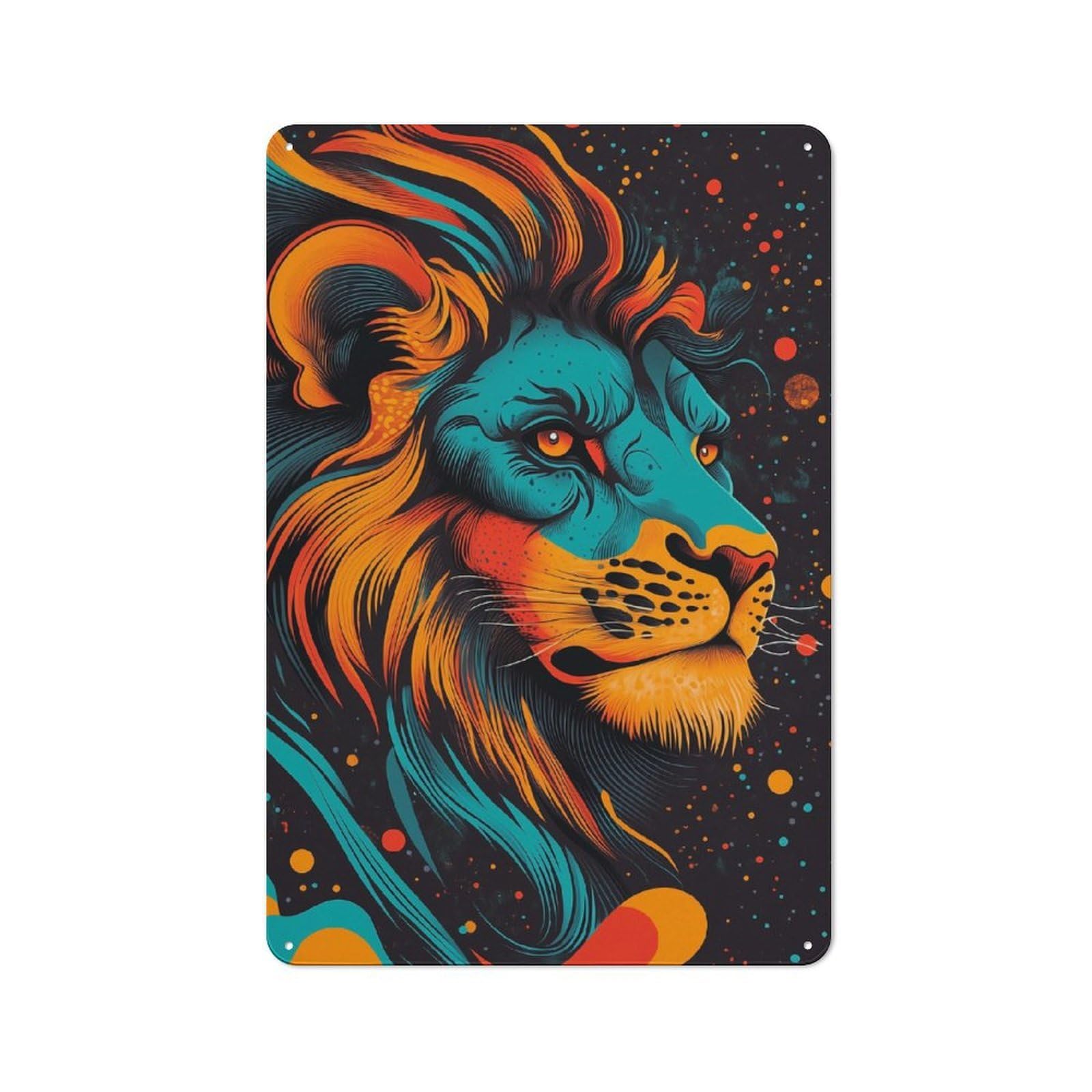 Junmoney Cosmic Lion Portrait Neon Jungle King Lion Metal Plaque 30X20cm With Portrait For Hallway Wall, Retro Decor, For Themed Interiors In Hallways And Entrance Areas