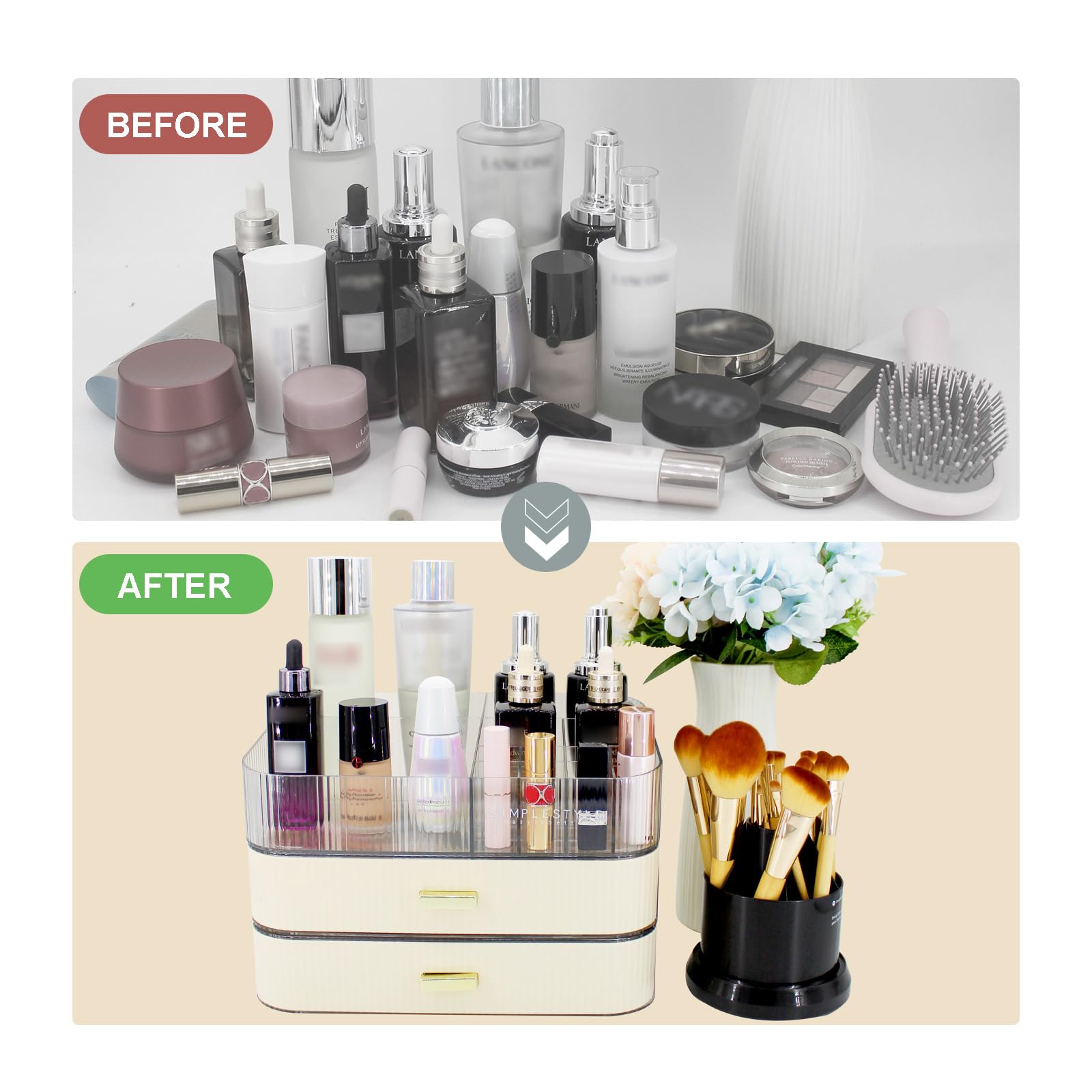Make-up-Organizer mit 2 Schubladen, Kosmetikaufbewahrung für Schminktisch, Badezimmer, Arbeitsplatte, Weiß