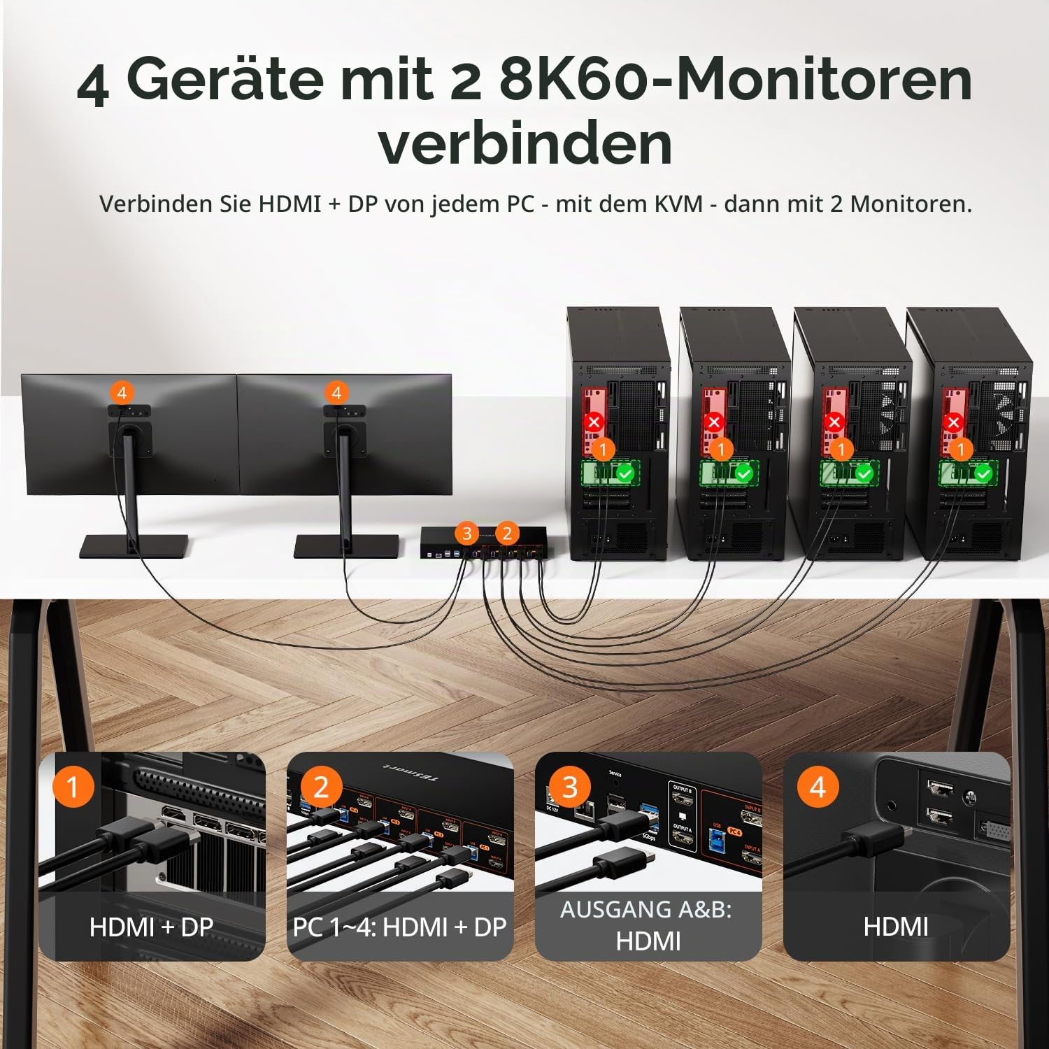 TESmart HDMI Displayport KVM Switch 4 PC 2 Monitor, HDMI 2.1 & DP 1.4 KVM Umschalter, Dual Monitore 8K@60Hz 4K@144Hz, USB 3.0 Dock, Gigabit LAN, Hotkey-Steuerung, EDID, VRR, 8 Kabel, Neu-Version 2026