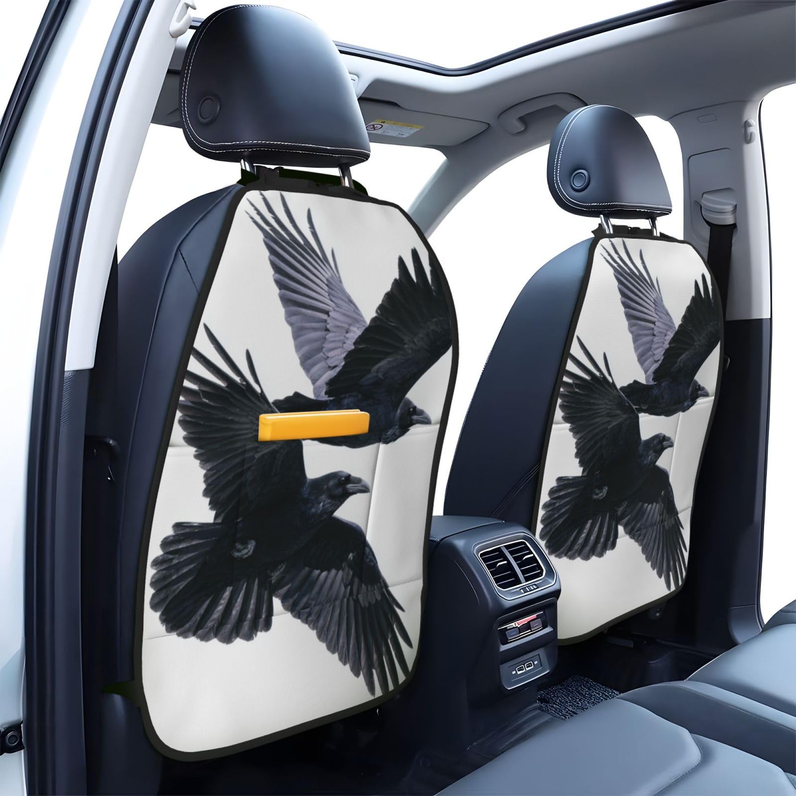 Two Flying Ravens Birds Car Seat Back Kick Protectors,2 Pack Kick Mats with Storage Pockets for Vehicles to Protect from Dirt Mud Scratches