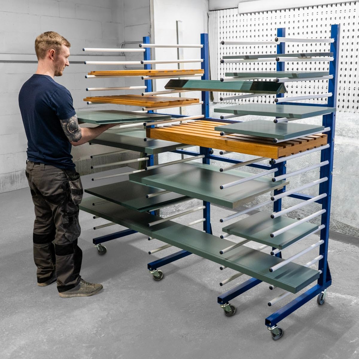 T-Mech Lot de 5 Chariots de Séchage Combinables à 15 Niveaux Acier Bleu Capacité de 375 kg Roulettes Largeur 35 cm - 65 cm Séchage de Peinture Placoplâtre Planches de Plâtre [4 x Connecteurs INCLUS]