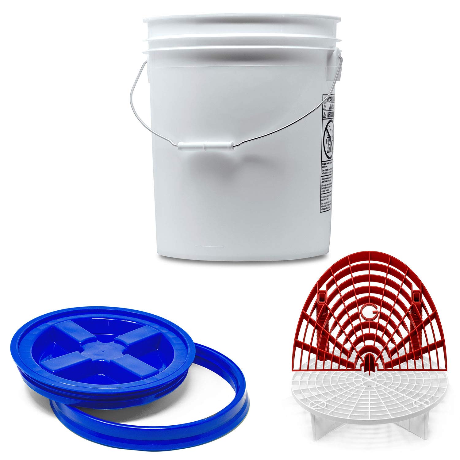 Detailmate professionelles Wasch Eimer Set: Magic Bucket Wascheimer 5 GAL (ca. 20 Liter), Gamma Seal Eimerdeckel blau, GritGuard Schmutz Einsatz weiß, GritGuard Washboard rot