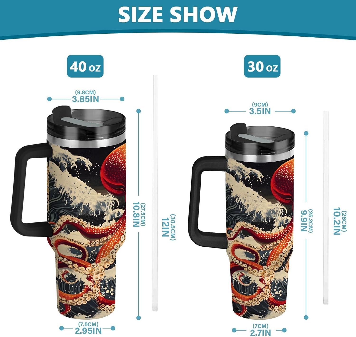 YETTASBIN Red Octopus 40 oz Tumbler with Handle, Stainless Steel Vacuum Insulated Sports Water Bottle, Leak-proof Travel Coffee Mug Cup with Lid and Straw for Water, Iced Tea or Coffee - Image 3