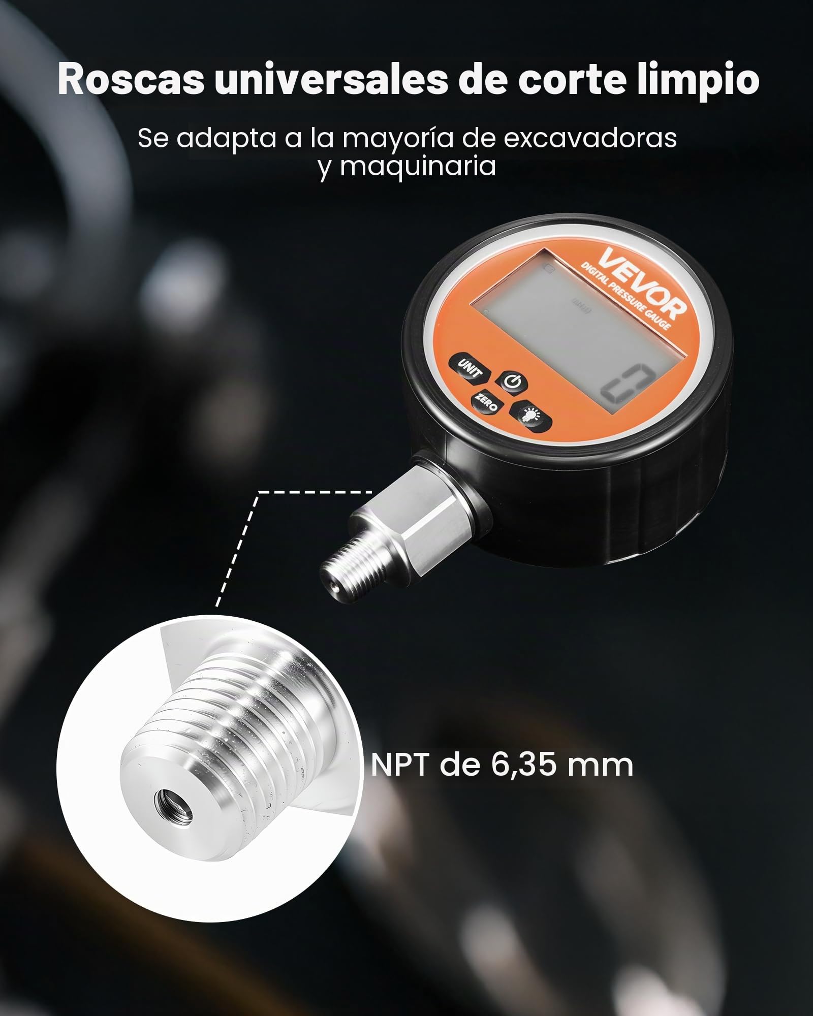 VEVOR Manómetro Hidráulico Digital 0 a 700 bar, Comprobador de Presión con Entrada de Base NPT, para Excavadoras y Maquinaria de Construcción, con Carcasa de Acero Inoxidable Cubierta Protectora