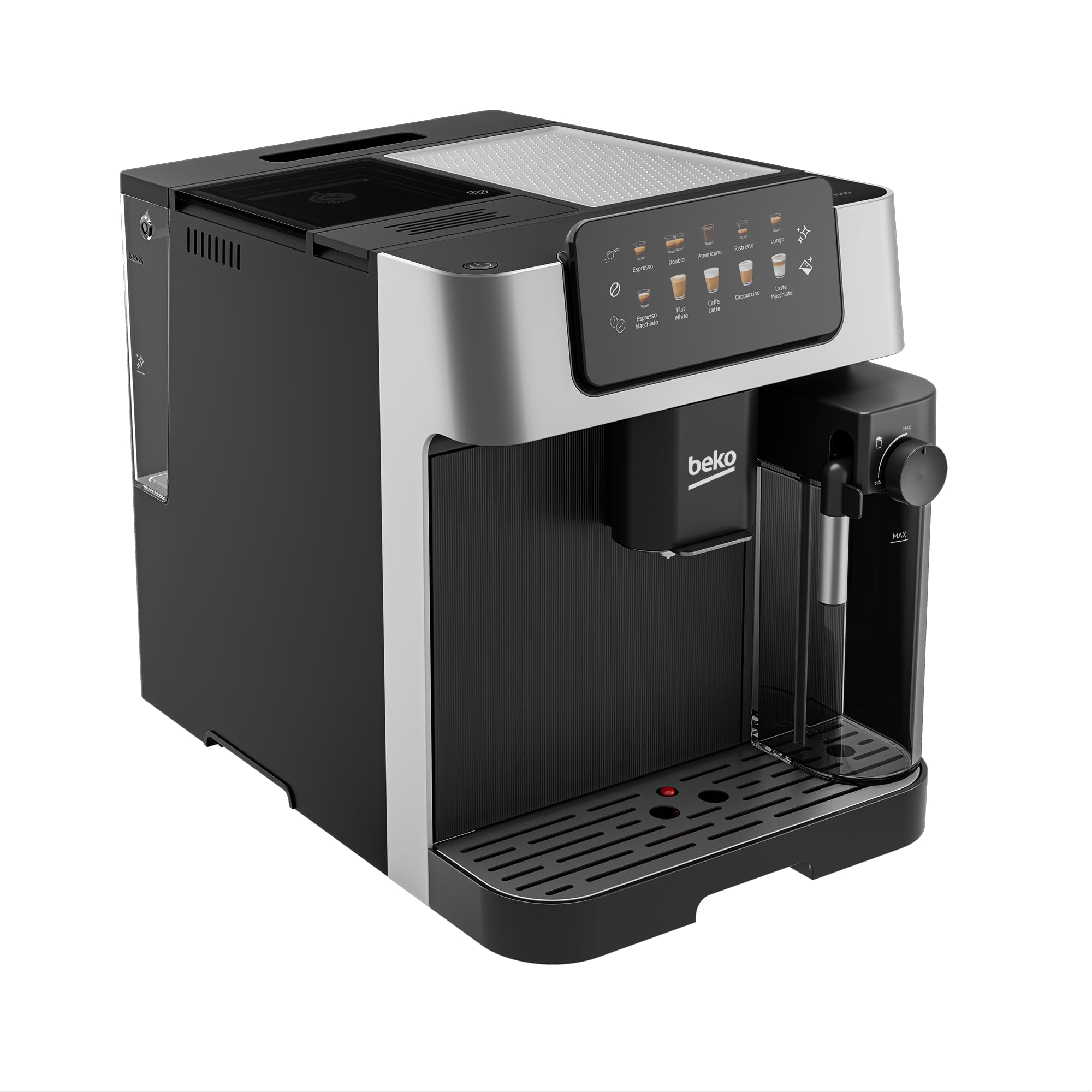 BEKO CEG7304X - Macchina Caffè Automatica Caffe in Grani con Macina Caffè e Chicchi Integrato - Macchinetta con Lattiera per Espresso e Cappuccino, Display Touch, Pressione 19 Bar 27,5x40,5xh34 - Nero